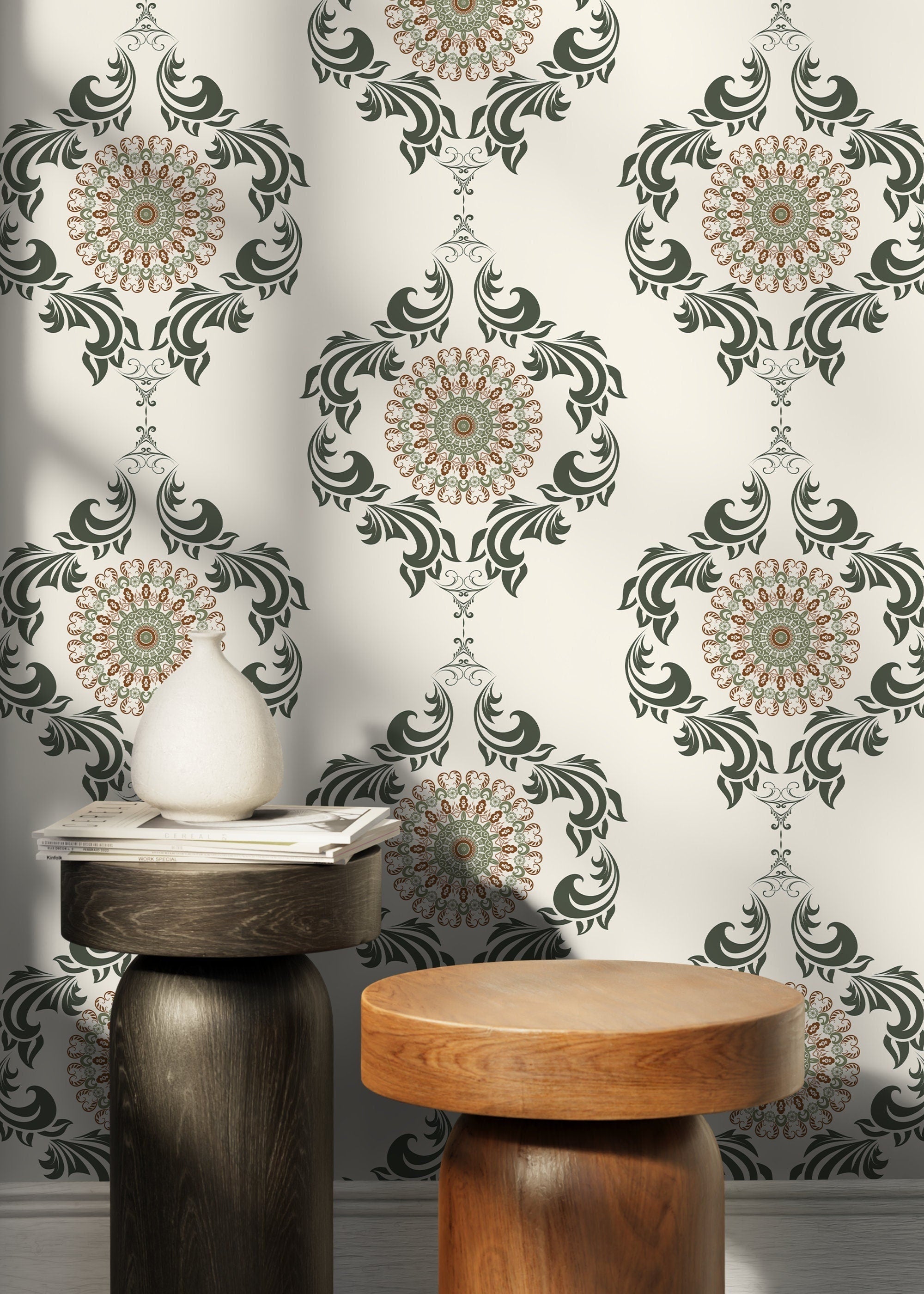 Ornamental Wallpaper With A Mandala And Scrollwork Motif In Green And Brown - D232