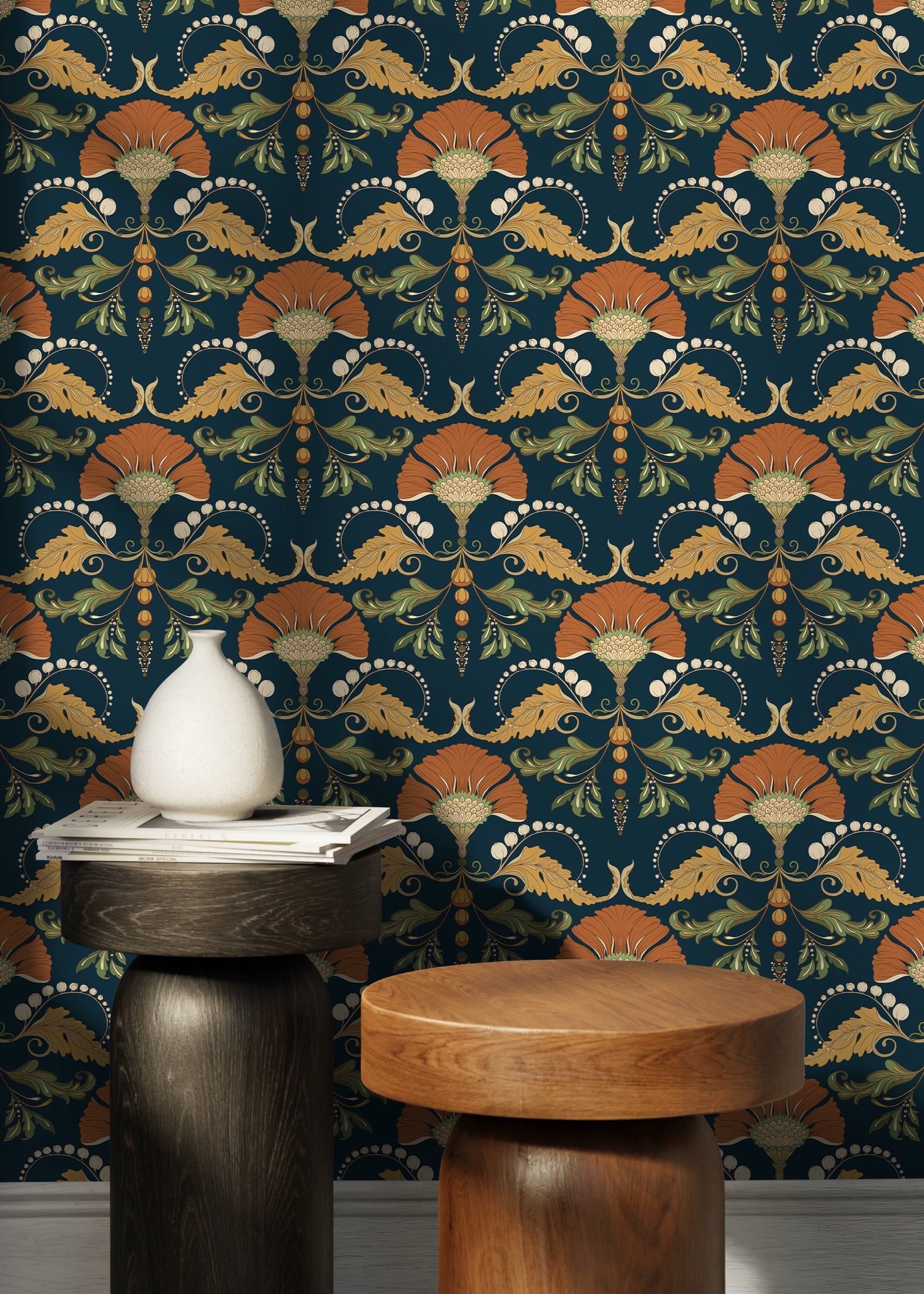 Art Nouveau Wallpaper With A Stylized Floral Motif In Orange, Gold, And Green - D239