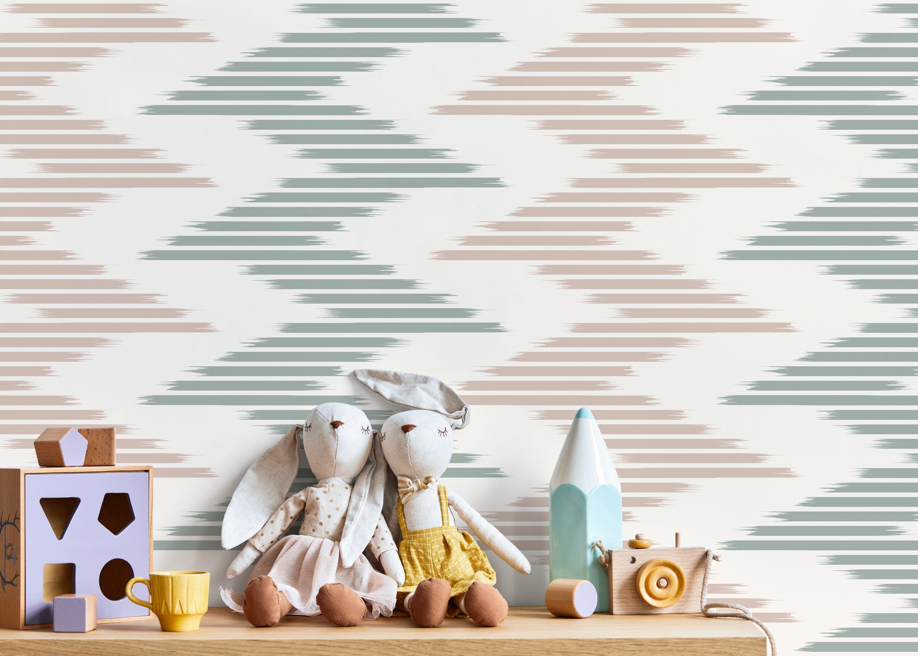 Abstract Wallpaper With An Ikat Stripe Motif In Sage Green And Dusty Rose - D206