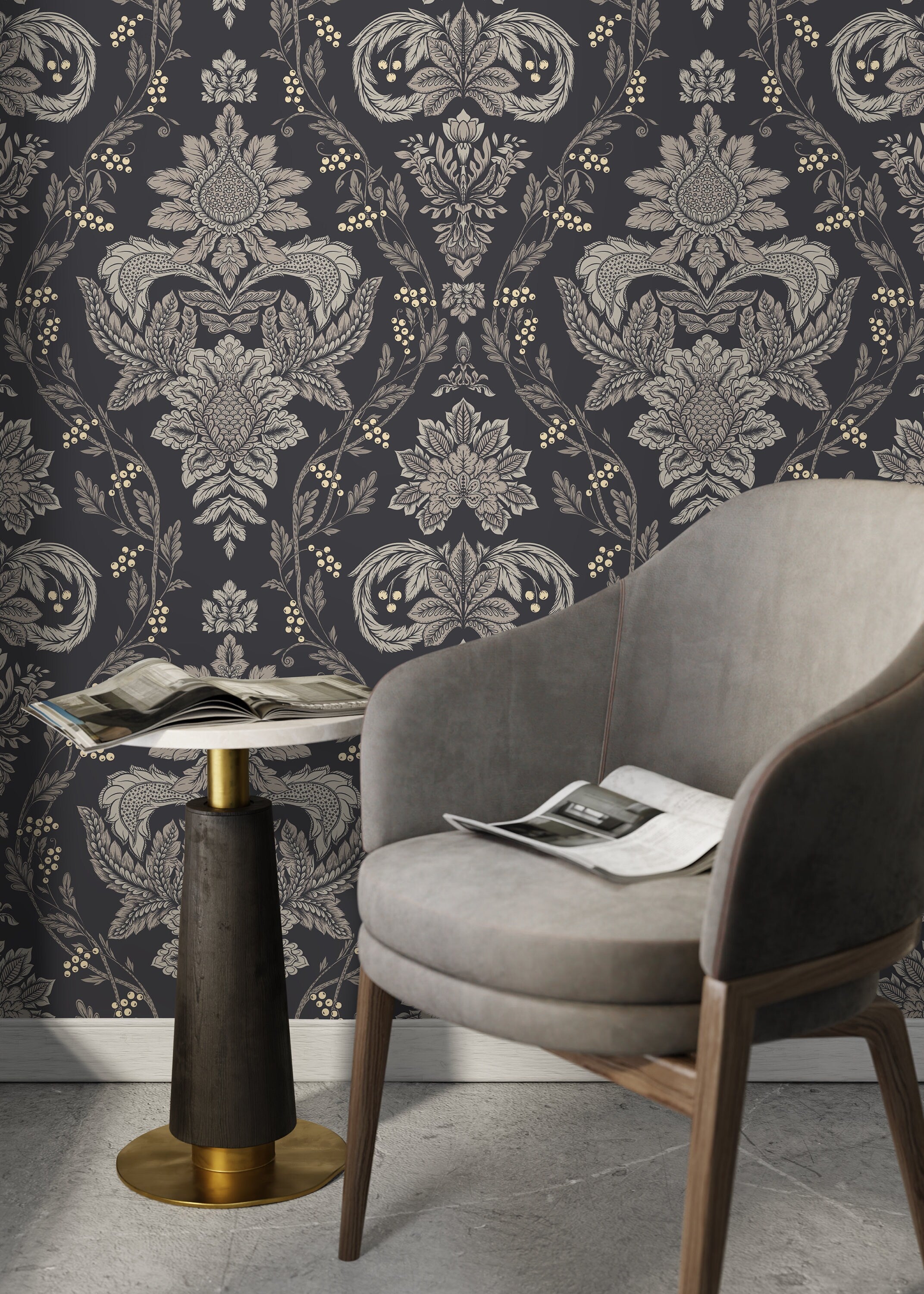 Damask Wallpaper With A Victorian Floral Motif In Charcoal, Gray, And Gold - D225