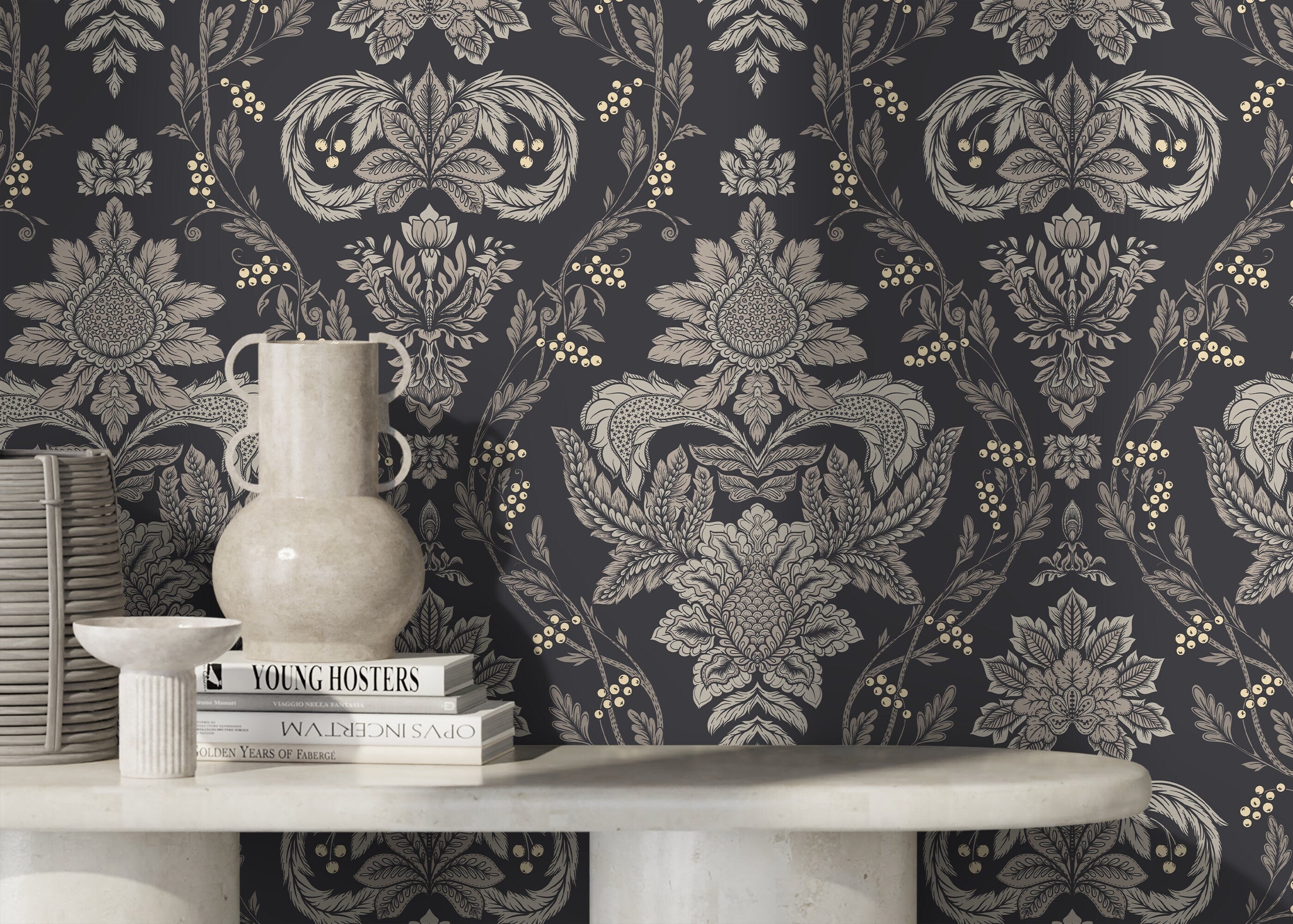 Damask Wallpaper With A Victorian Floral Motif In Charcoal, Gray, And Gold - D225