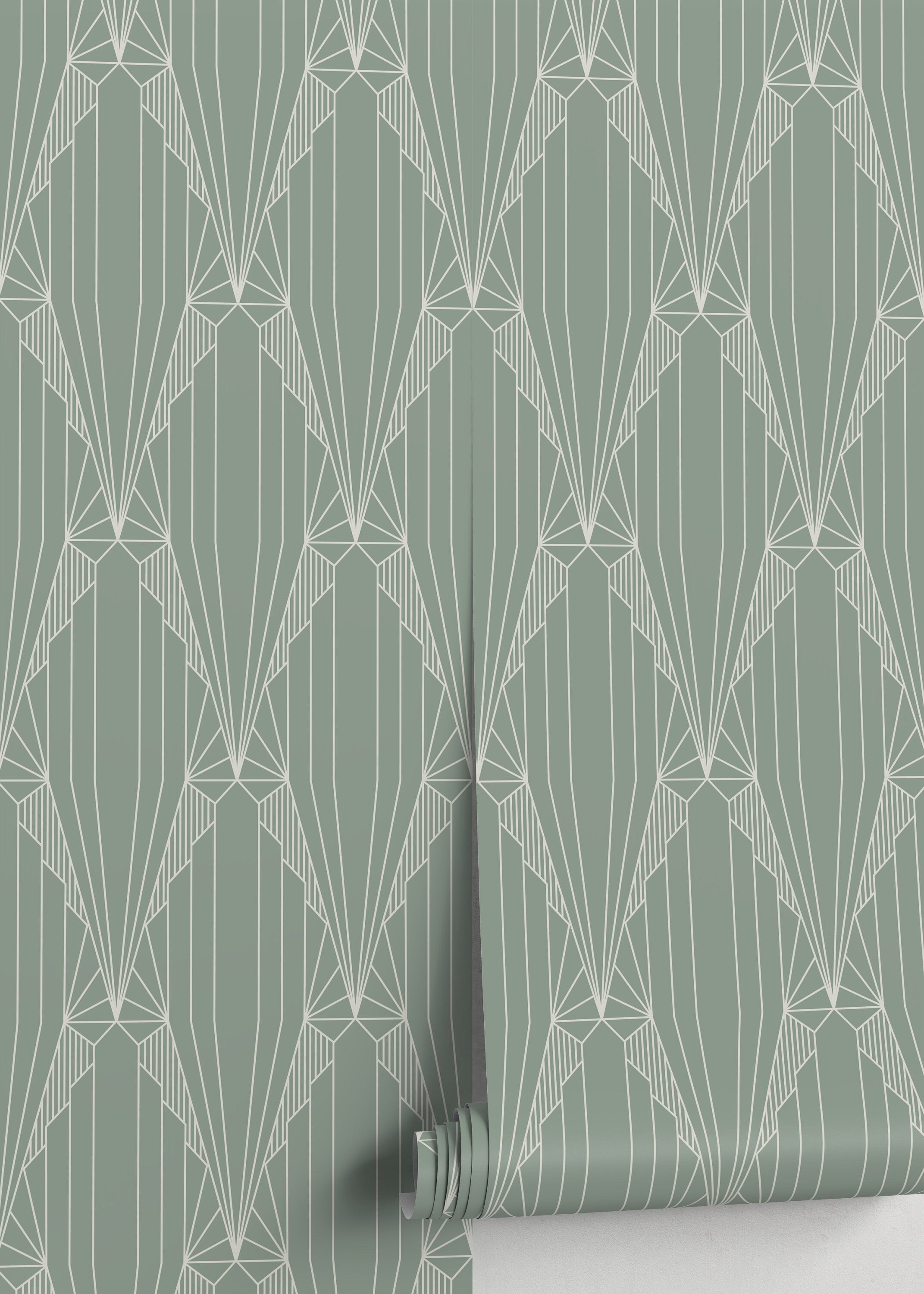 Art Deco Wallpaper With A Symmetrical Fan Motif In Sage Green And Cream - D242