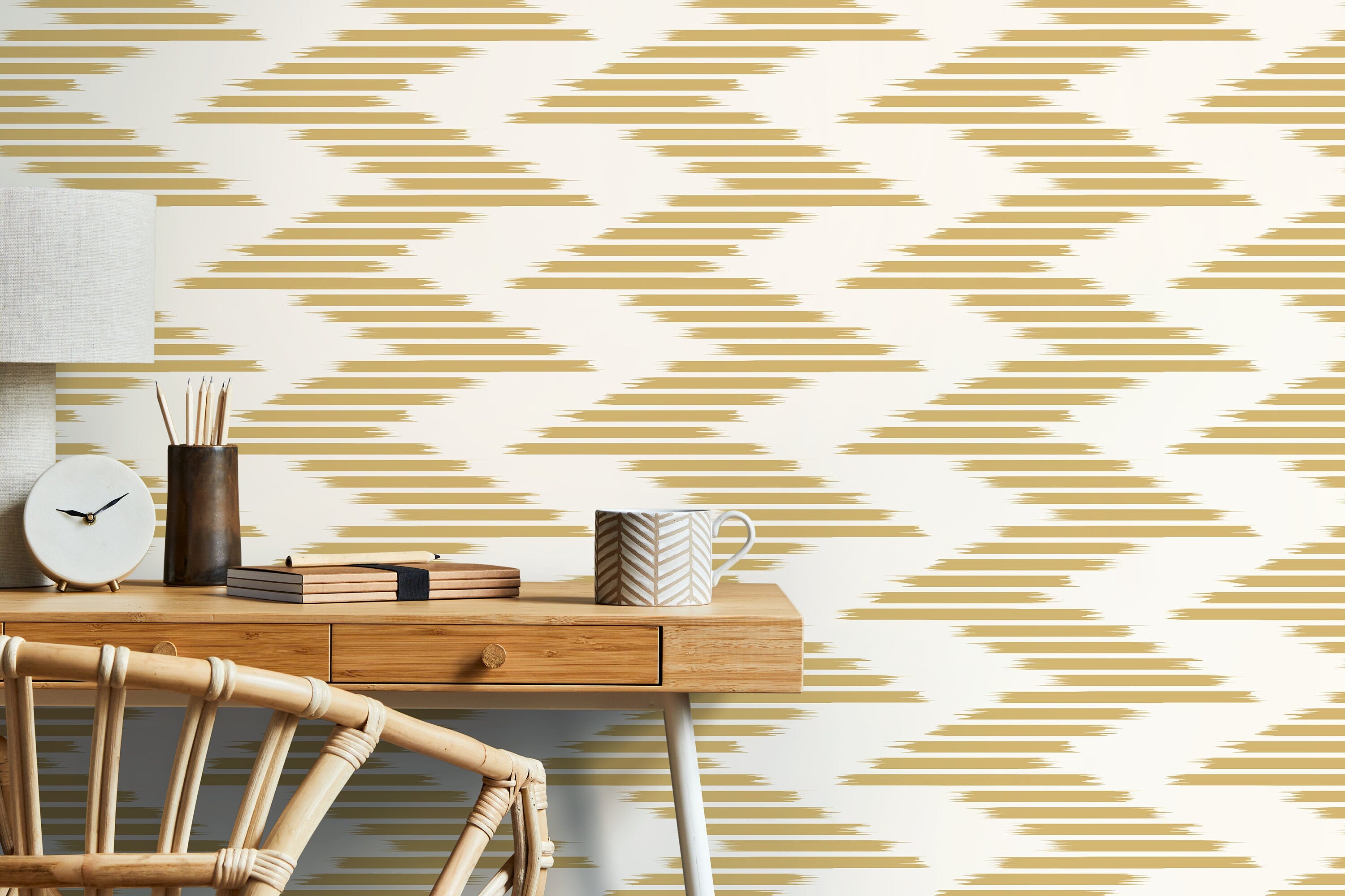 Ikat Wallpaper With A Brushstroke Chevron Motif In Yellow - D207