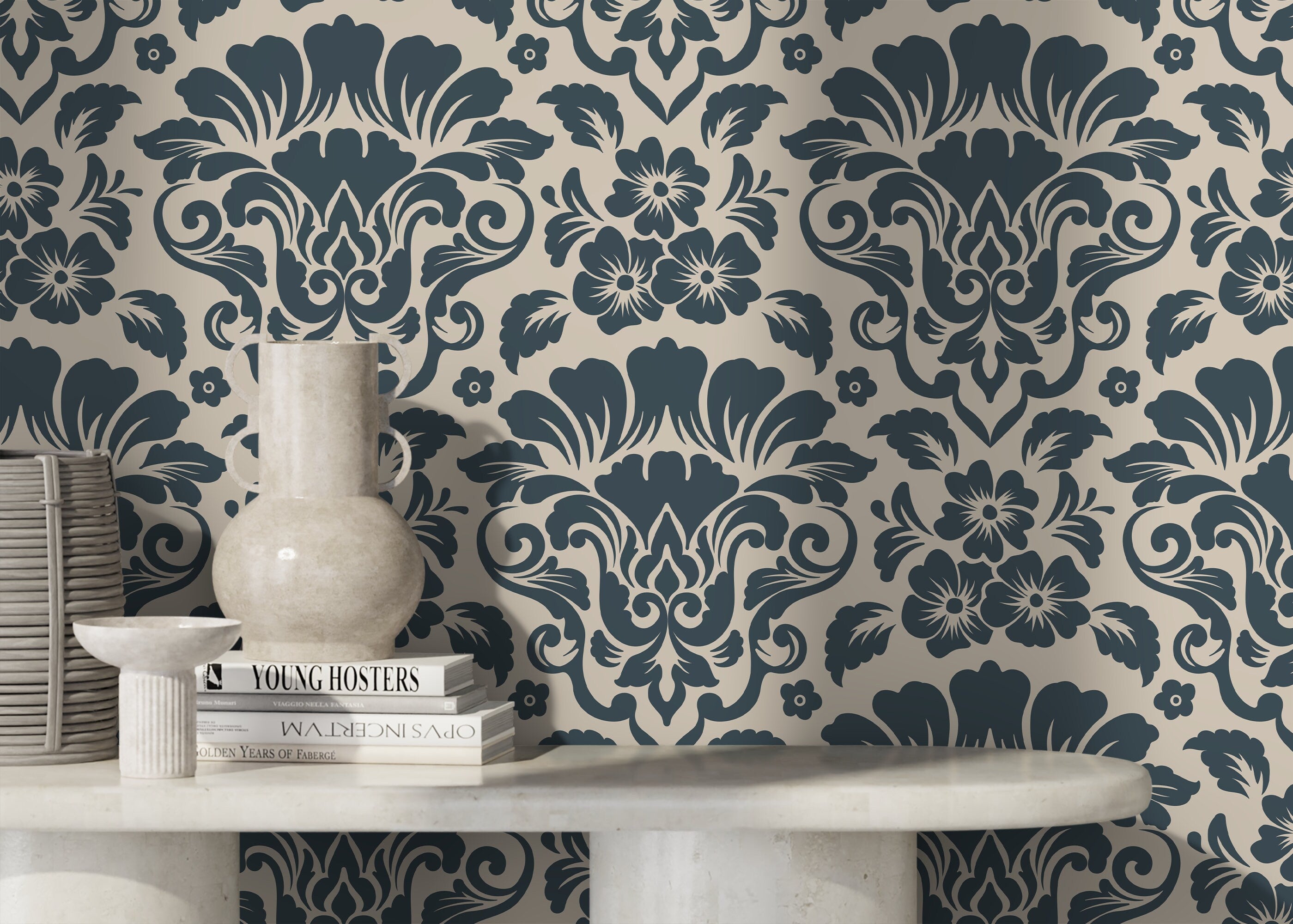 Damask Wallpaper With An Intricate Floral Motif In Navy And Beige - D217