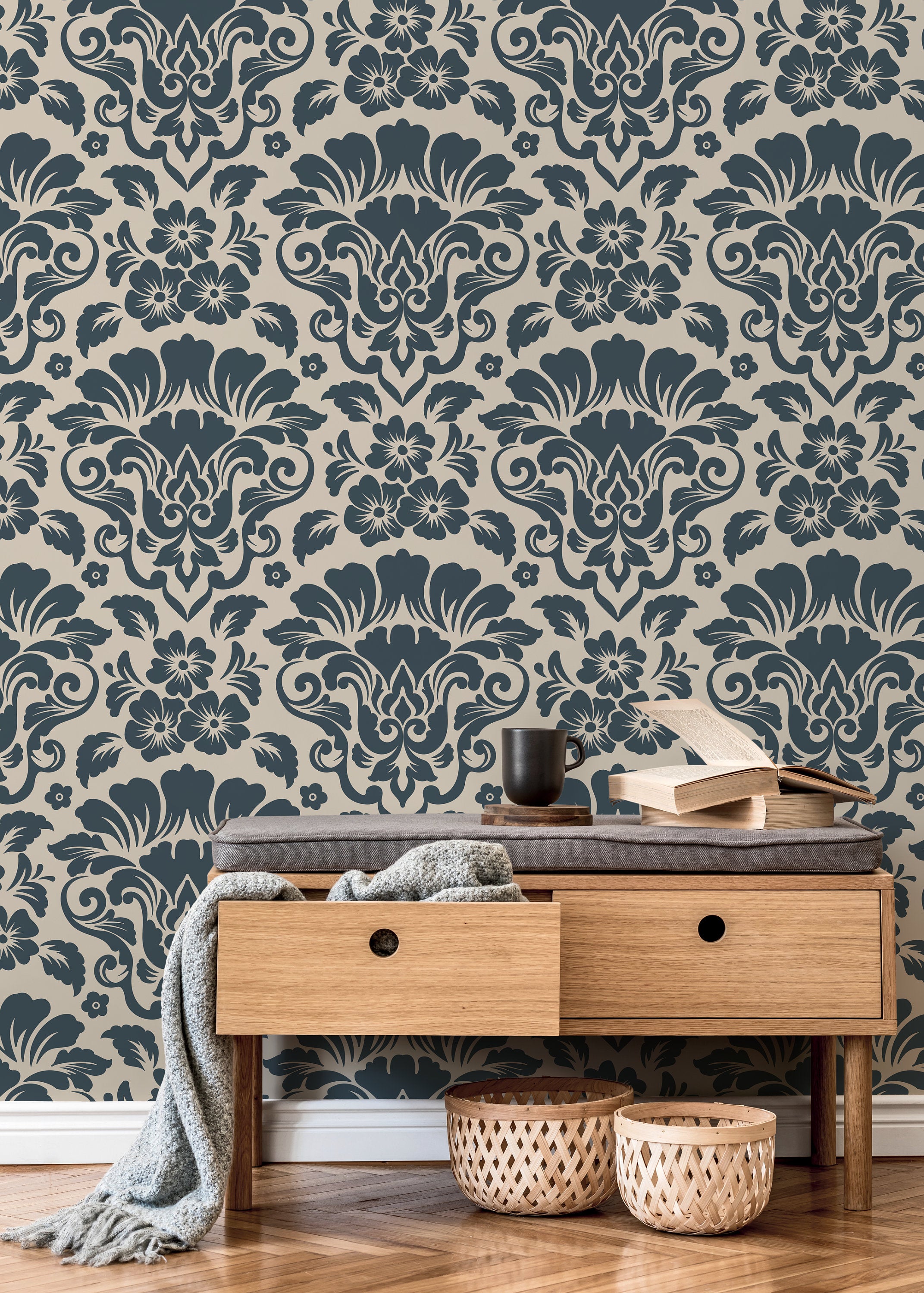 Damask Wallpaper With An Intricate Floral Motif In Navy And Beige - D217