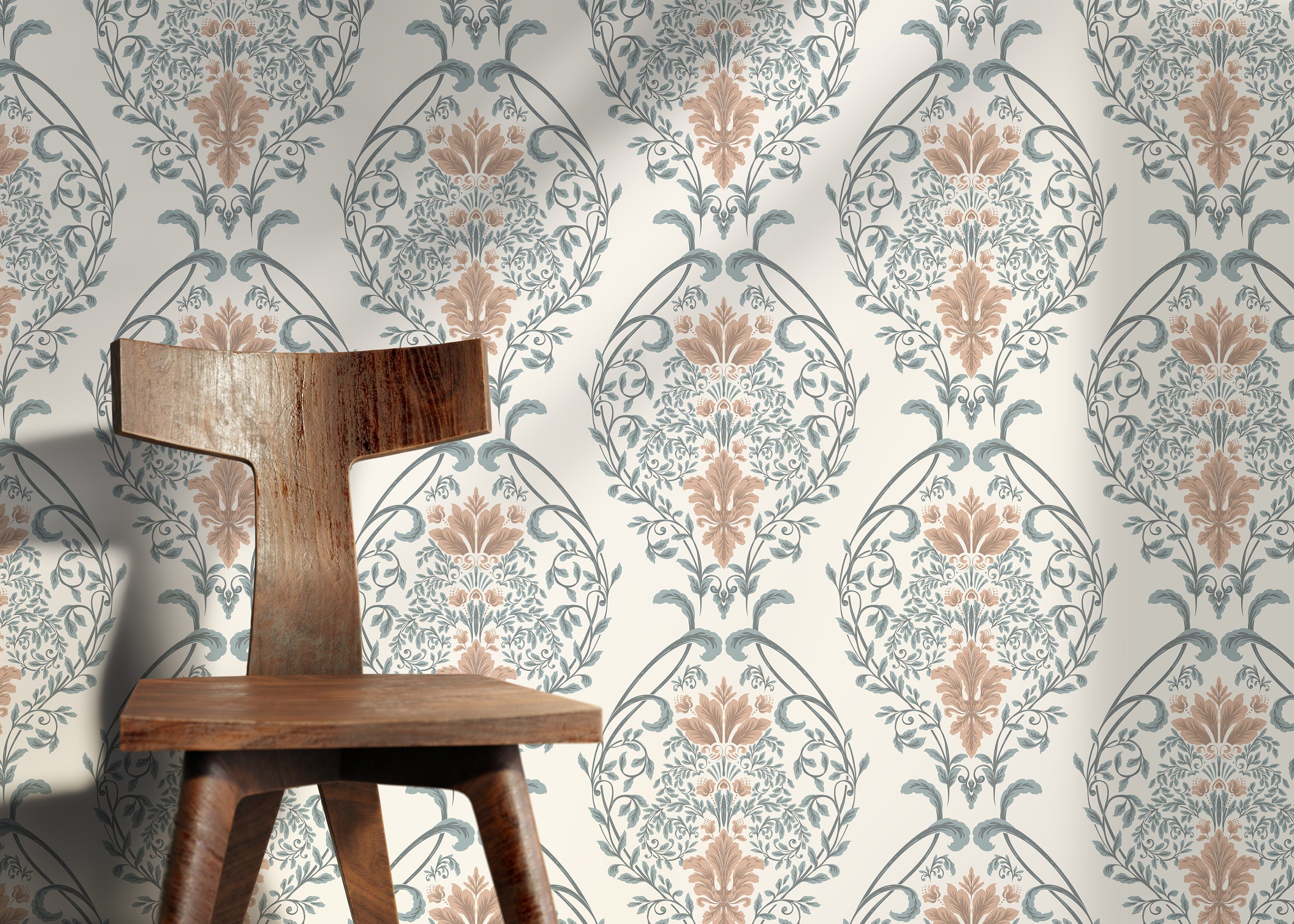 Victorian Wallpaper With A Botanical Damask Motif In Sage Green And Dusty Rose - D221