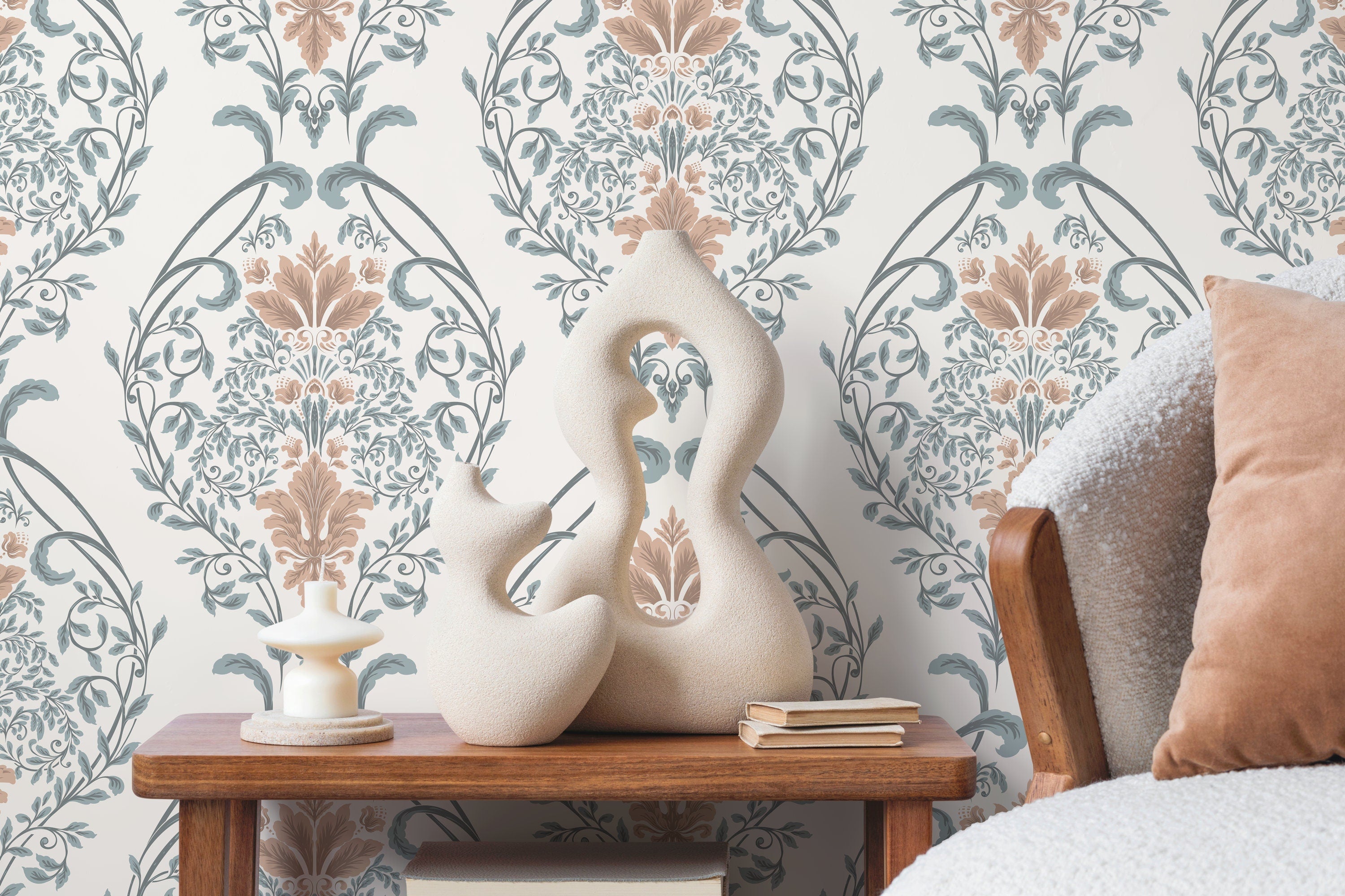 Victorian Wallpaper With A Botanical Damask Motif In Sage Green And Dusty Rose - D221