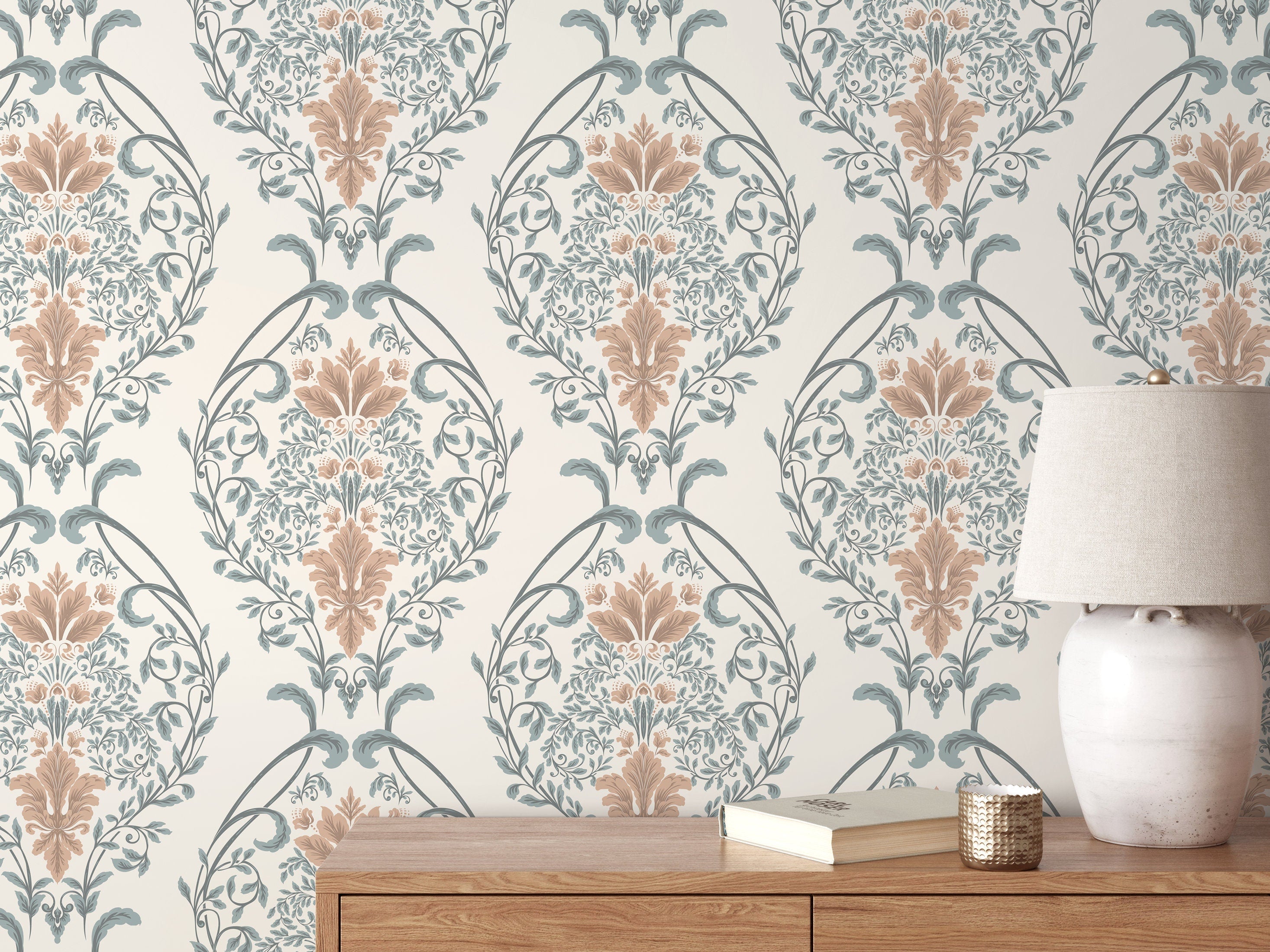 Victorian Wallpaper With A Botanical Damask Motif In Sage Green And Dusty Rose - D221