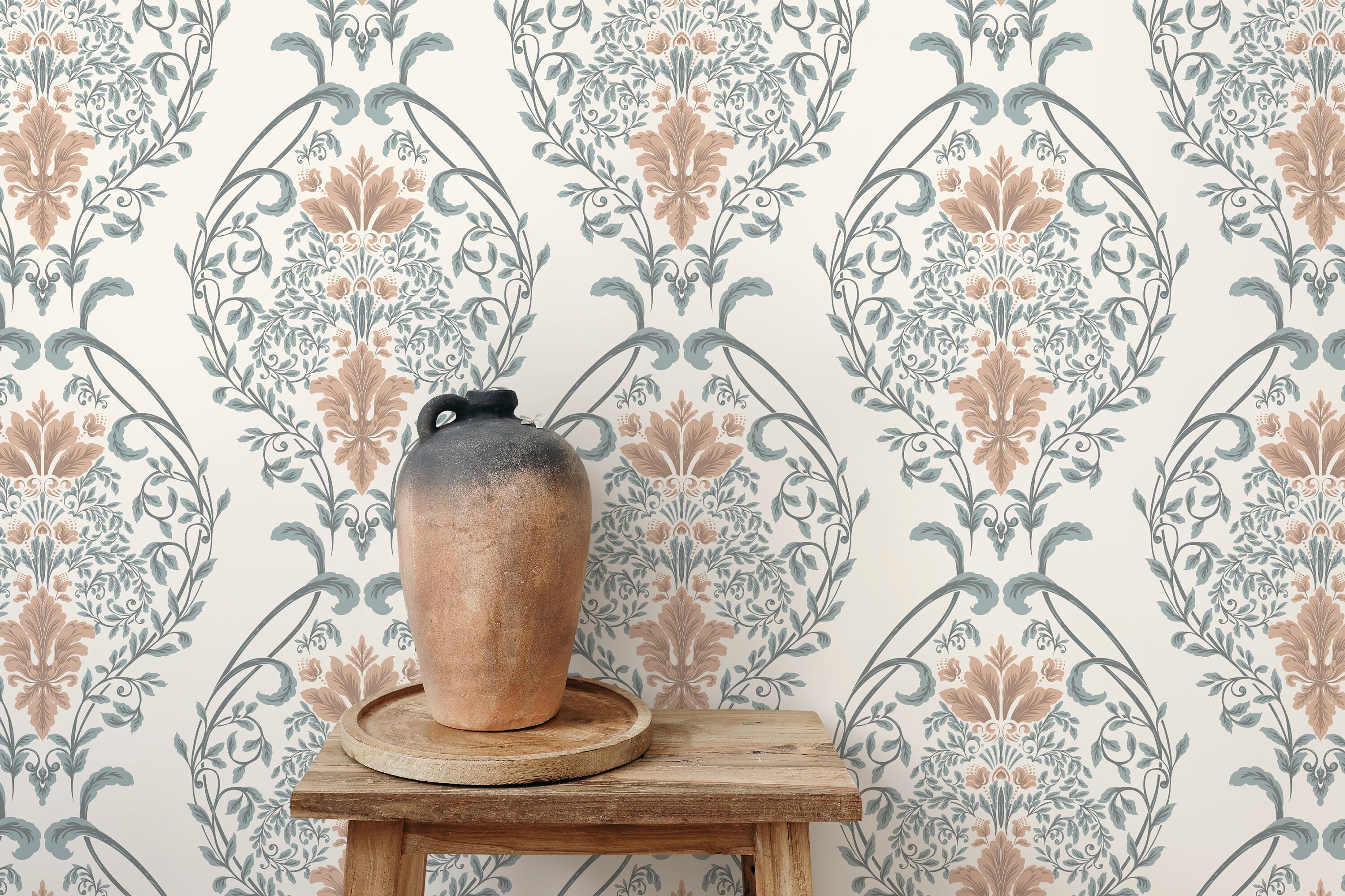 Victorian Wallpaper With A Botanical Damask Motif In Sage Green And Dusty Rose - D221