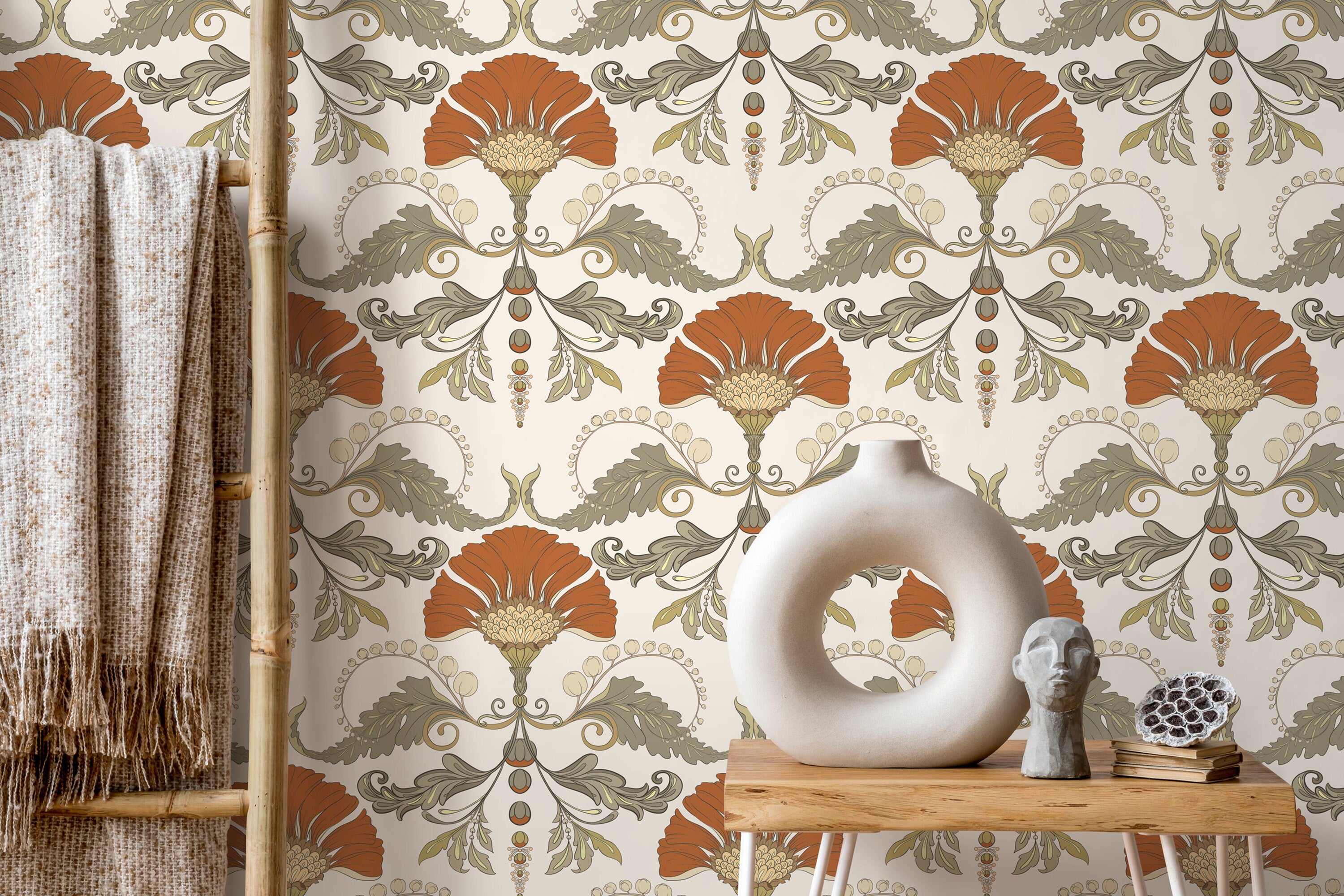 Vintage Wallpaper With A Stylized Floral Damask In Orange, Green, And Cream - D241