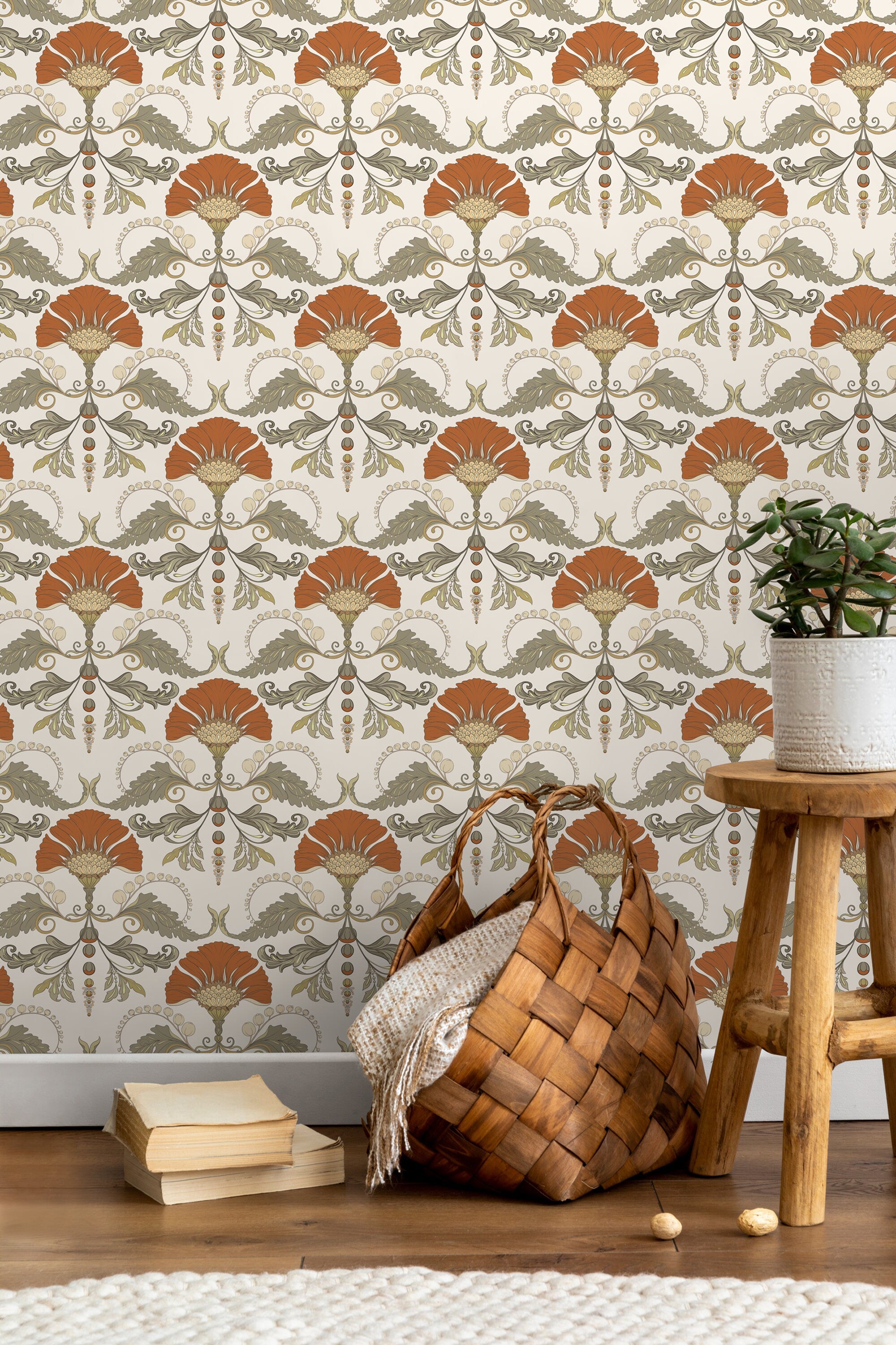 Vintage Wallpaper With A Stylized Floral Damask In Orange, Green, And Cream - D241