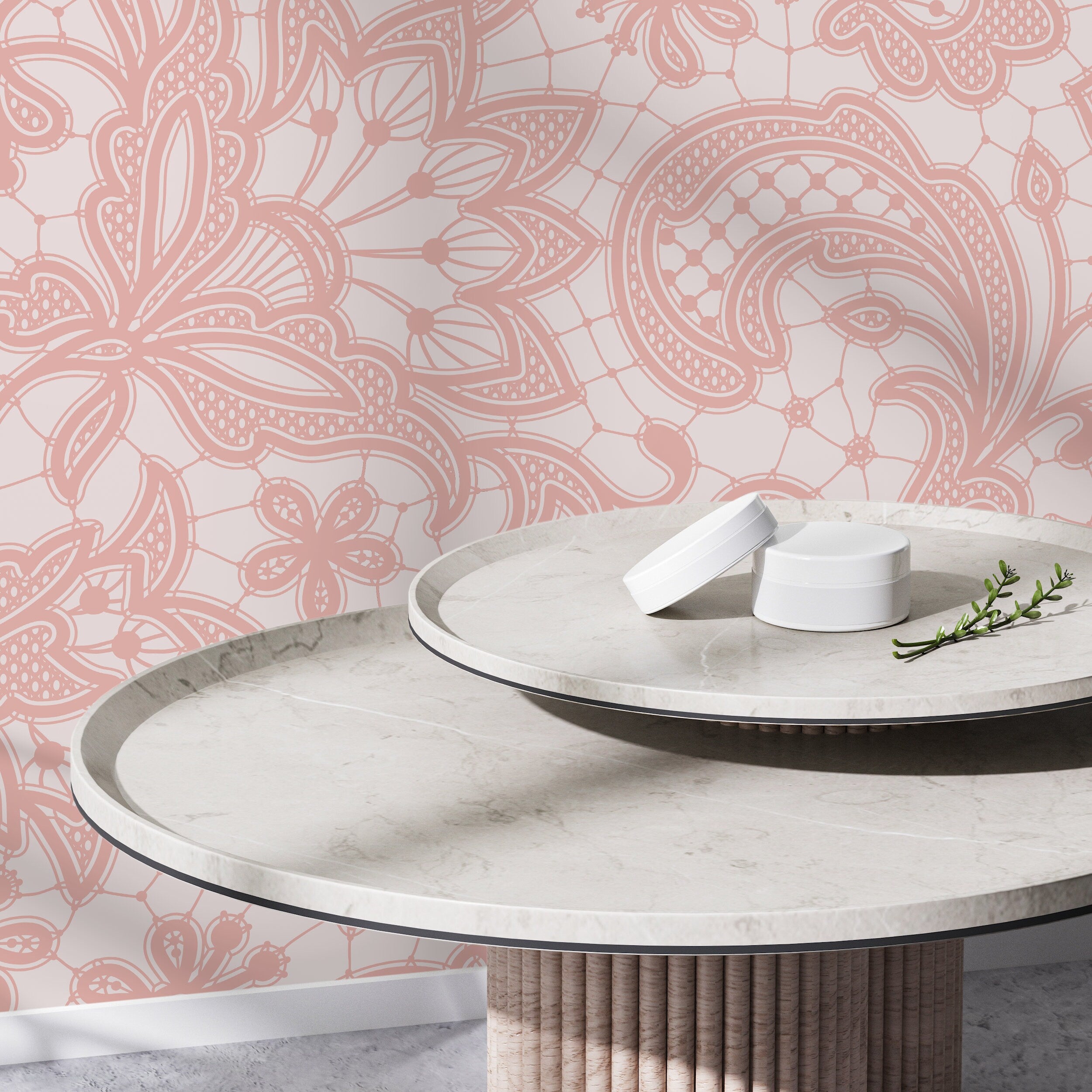 Lace Wallpaper With An Intricate Floral Motif In Pink - D211