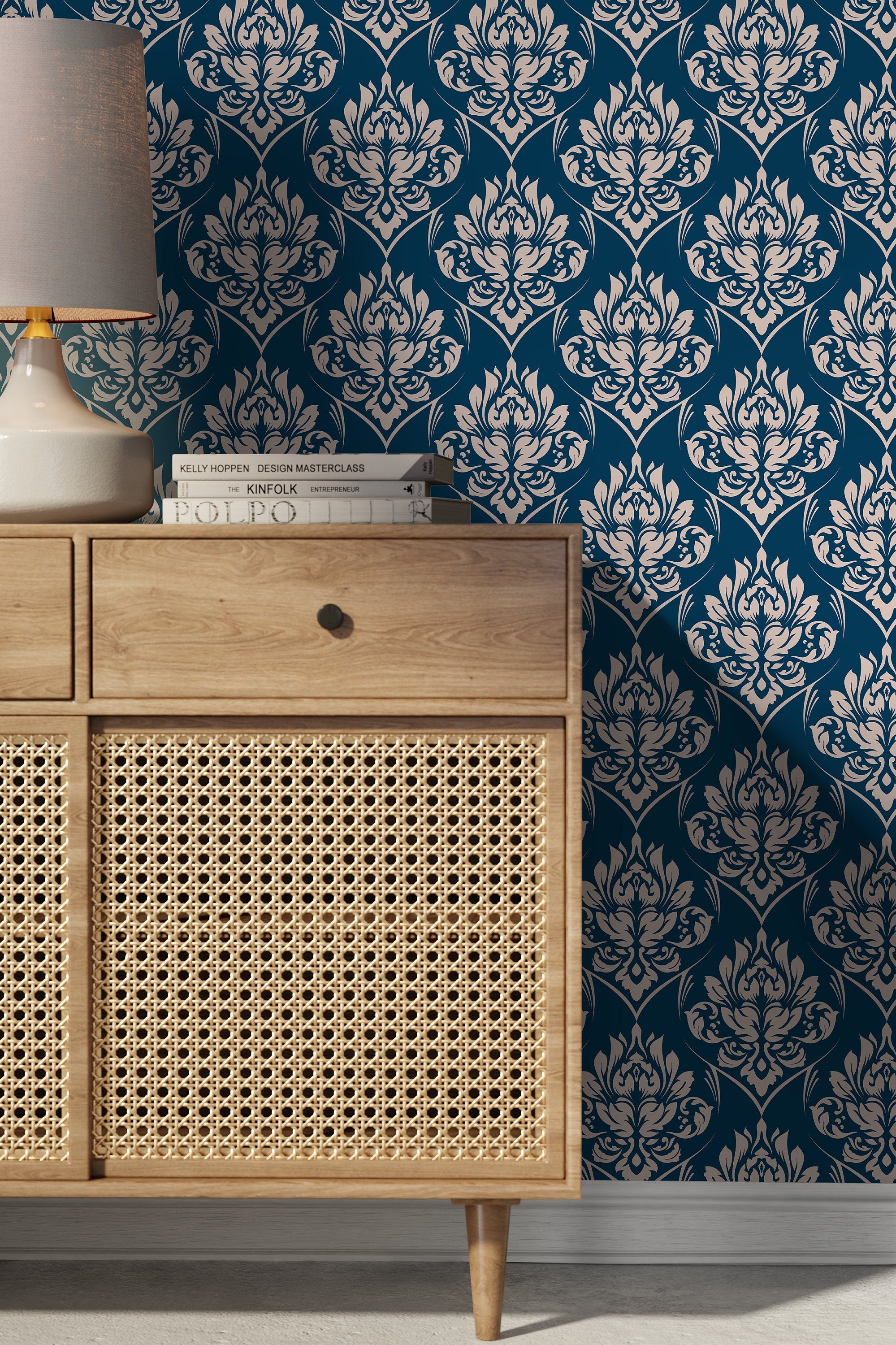Damask Wallpaper With A Classic Ornate Motif In Blue And Beige - D227