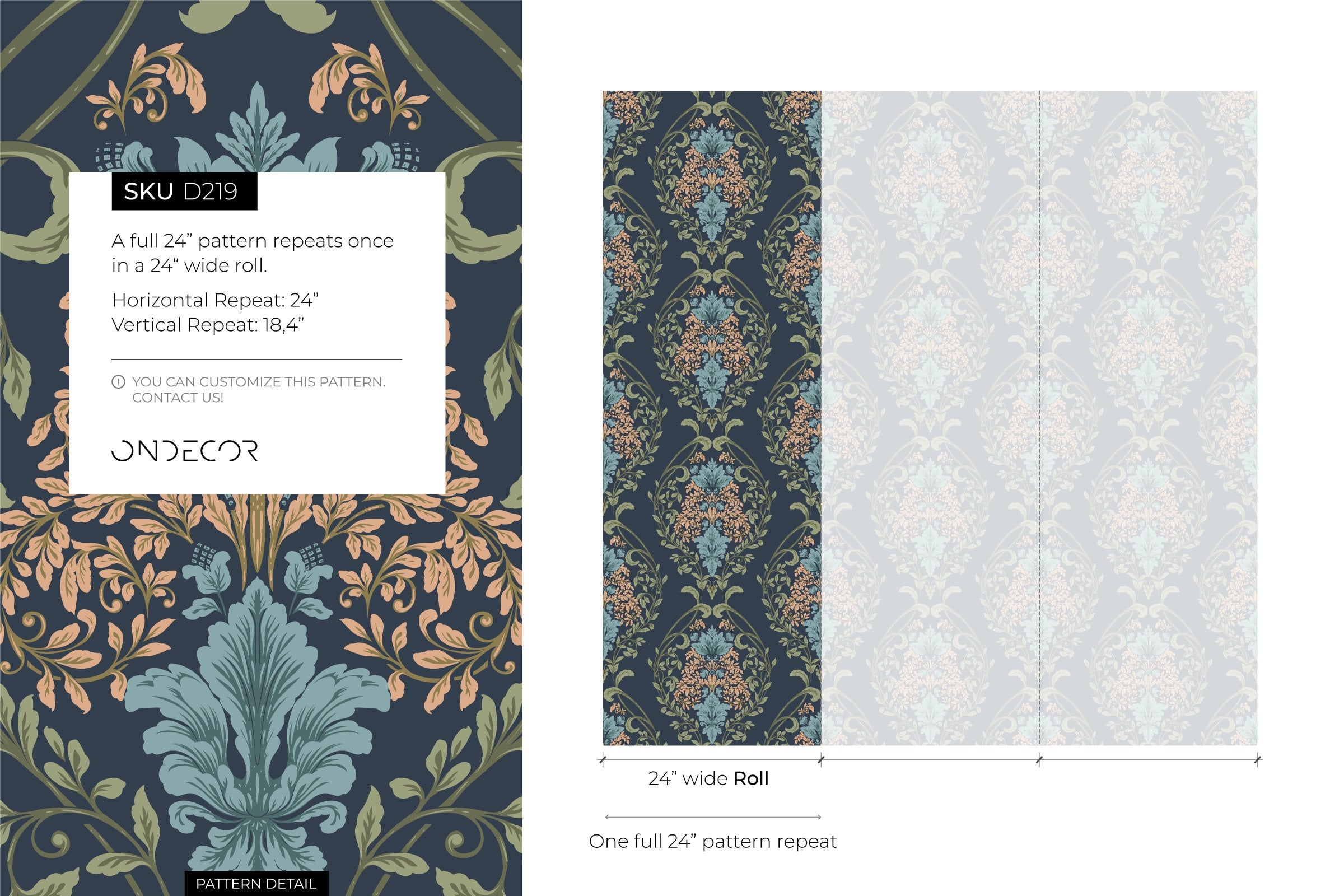 Victorian Floral Wallpaper With A Damask Motif In Blue, Teal, And Peach - D219