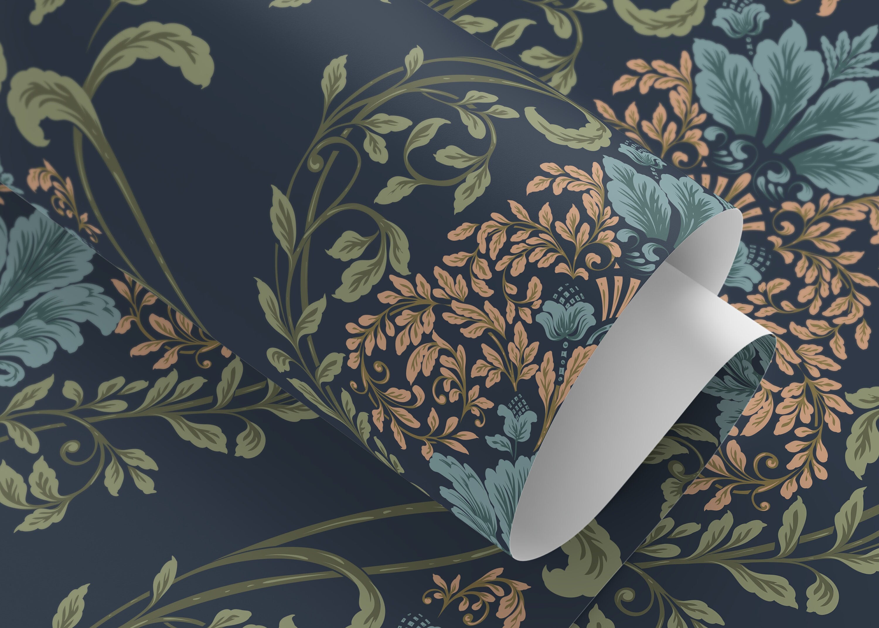 Victorian Floral Wallpaper With A Damask Motif In Blue, Teal, And Peach - D219
