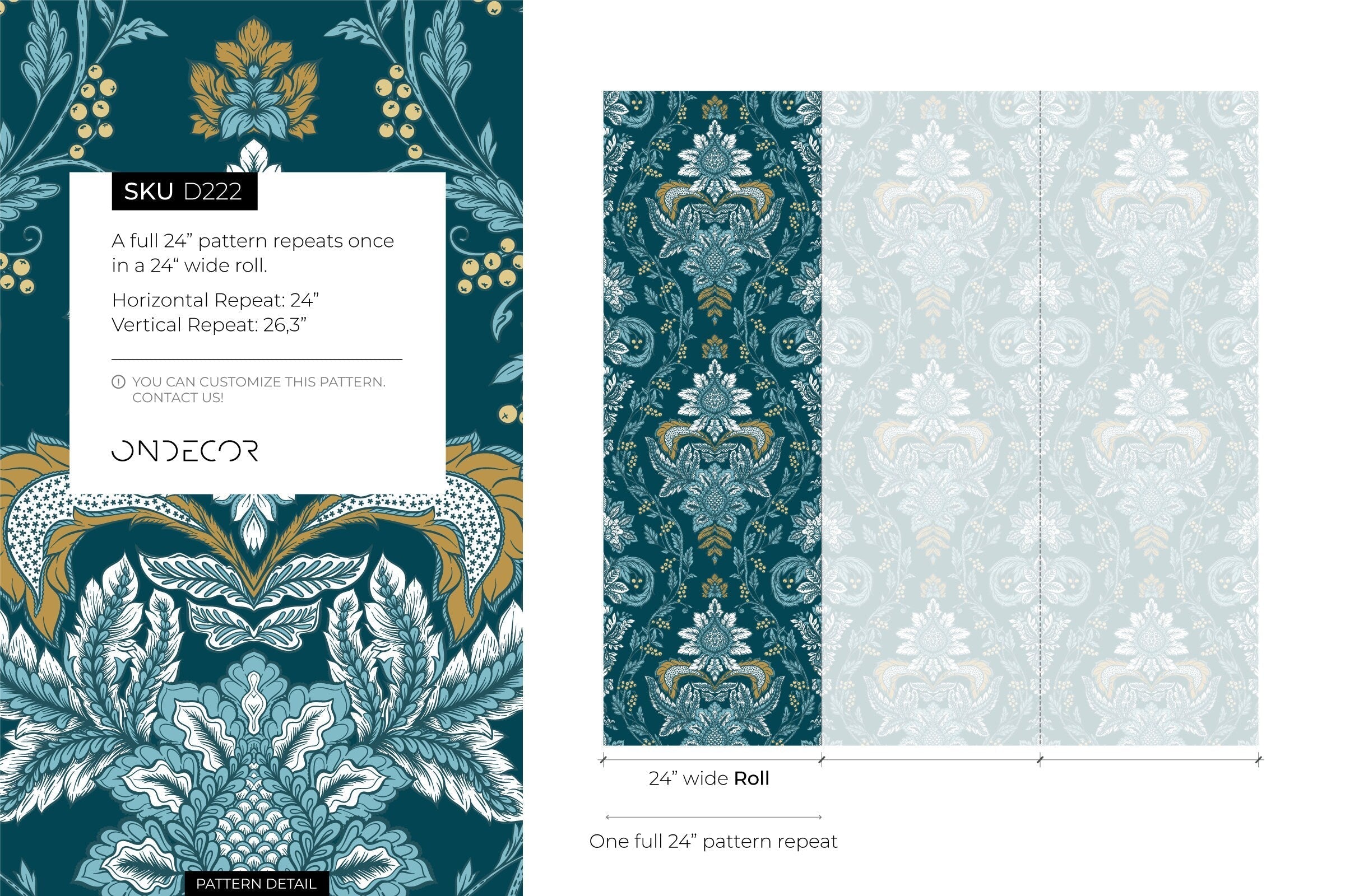 Damask Wallpaper With An Intricate Floral Motif In Teal, Blue, And Gold - D222