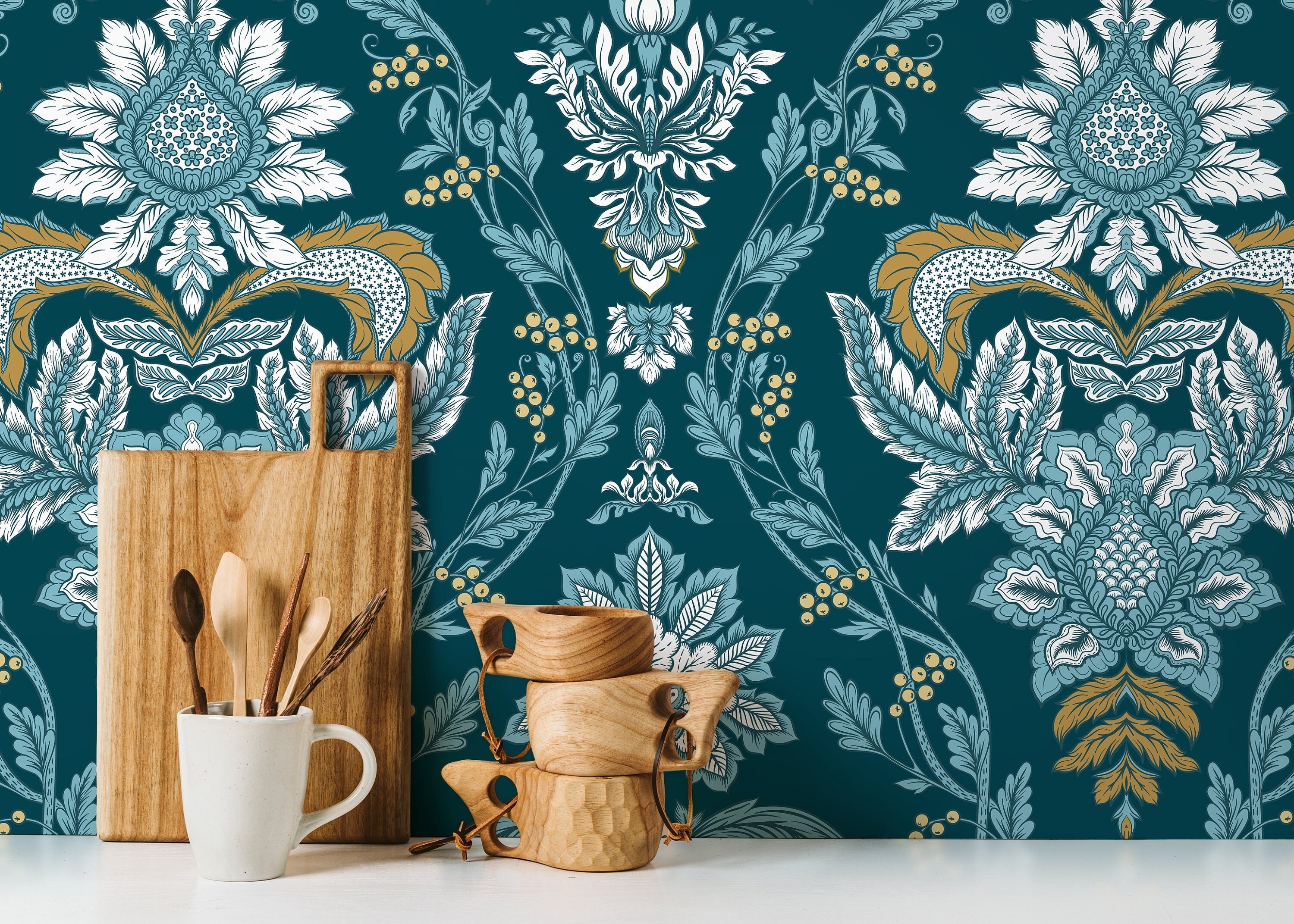 Damask Wallpaper With An Intricate Floral Motif In Teal, Blue, And Gold - D222