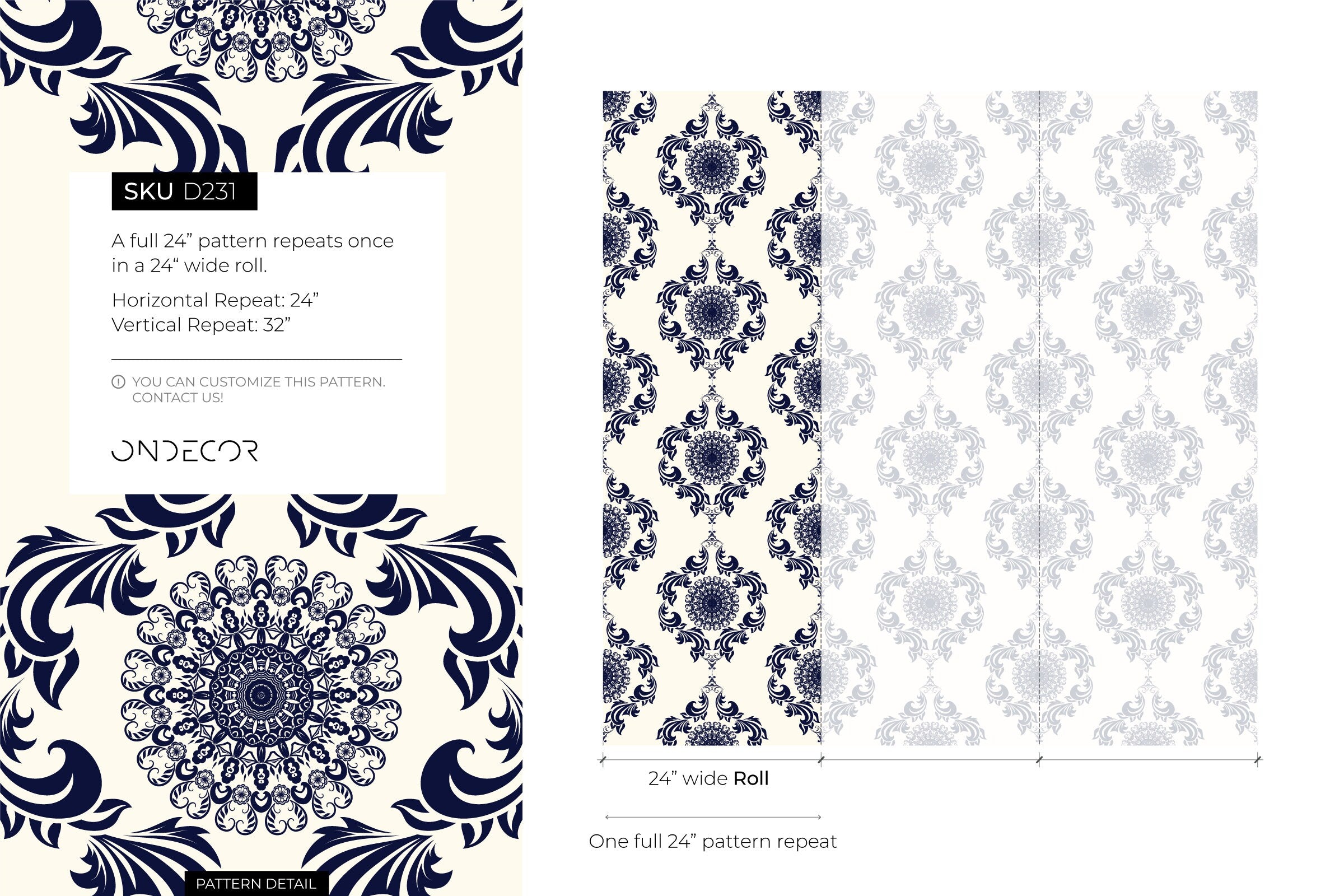 Vintage Wallpaper Featuring Ornamental Damask Medallions In Navy Blue - D231