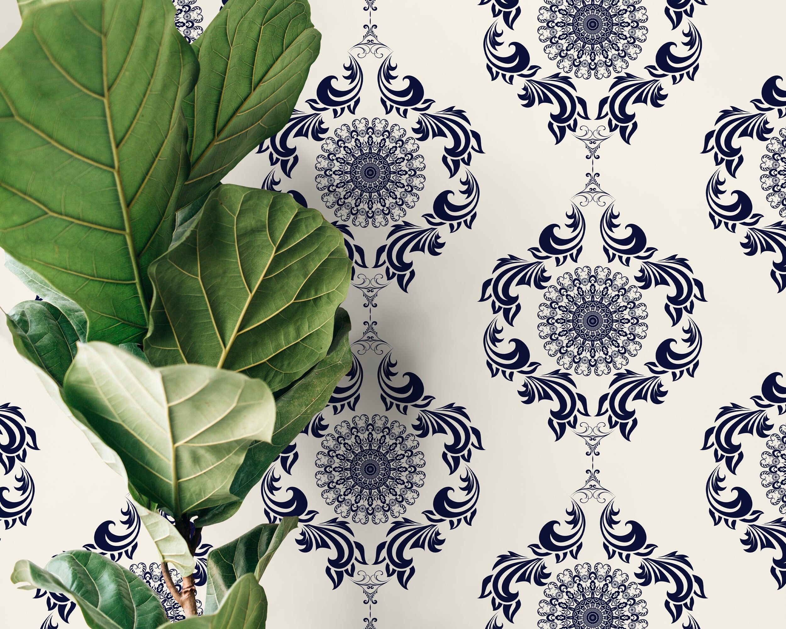 Vintage Wallpaper Featuring Ornamental Damask Medallions In Navy Blue - D231