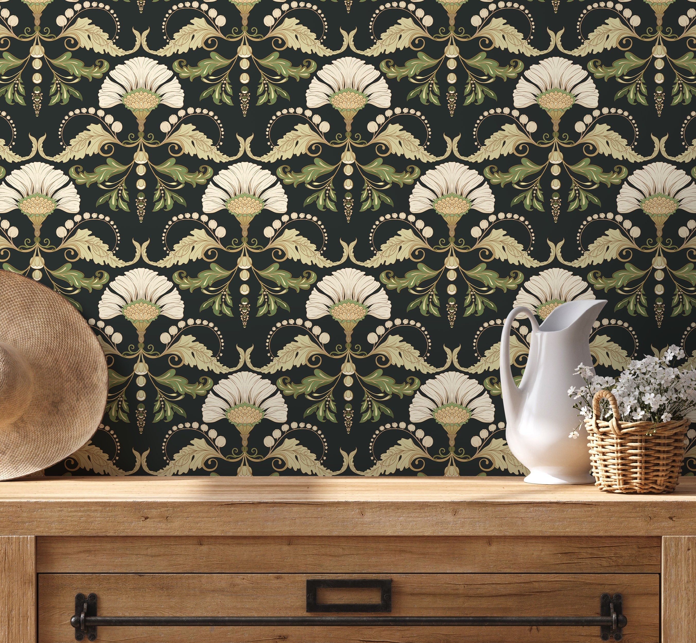 Vintage Wallpaper With A Floral Damask Motif In Green, Beige, And Black - D238
