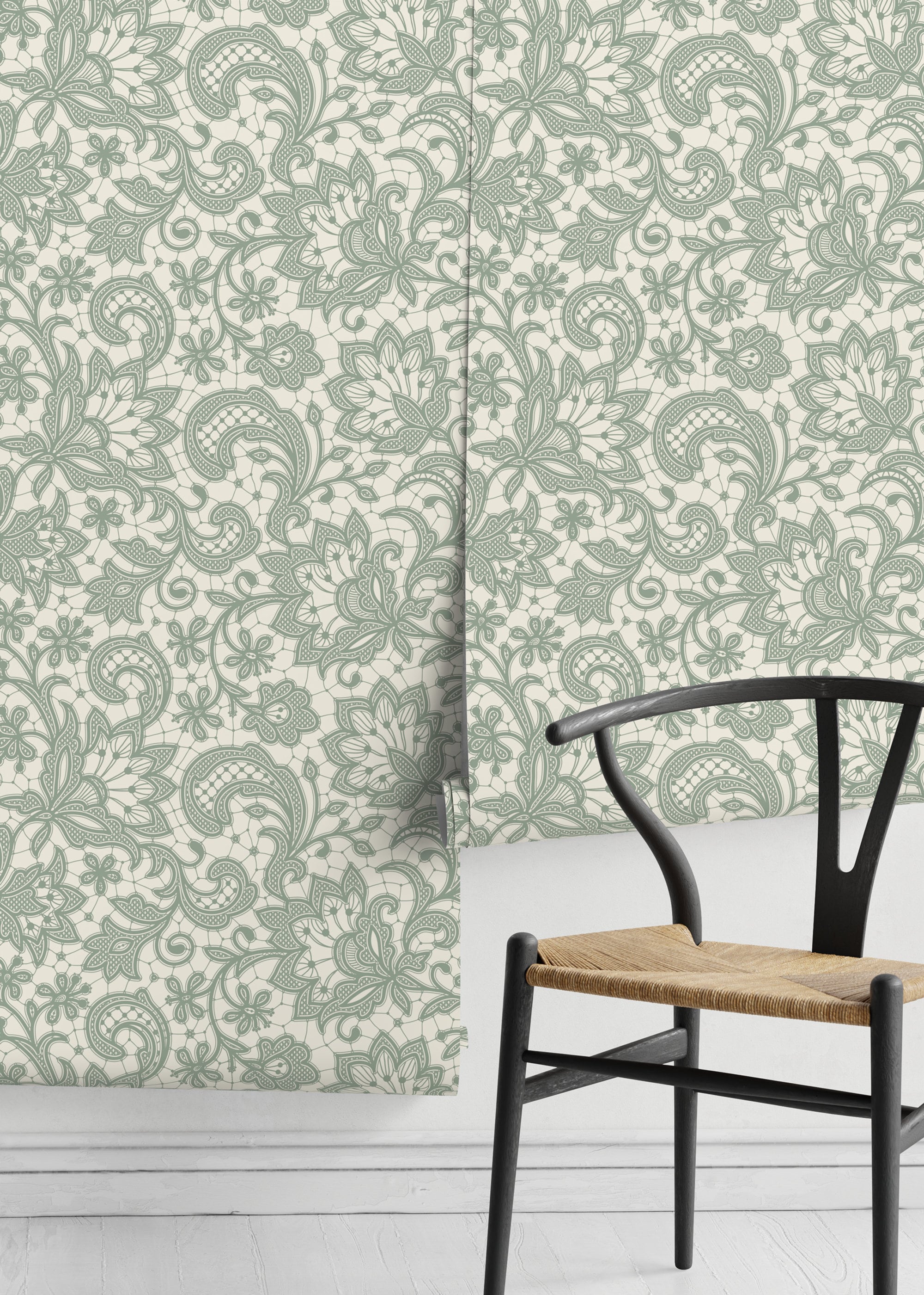 Lace Wallpaper With An Intricate Floral Motif In Mint Green And Cream - D213