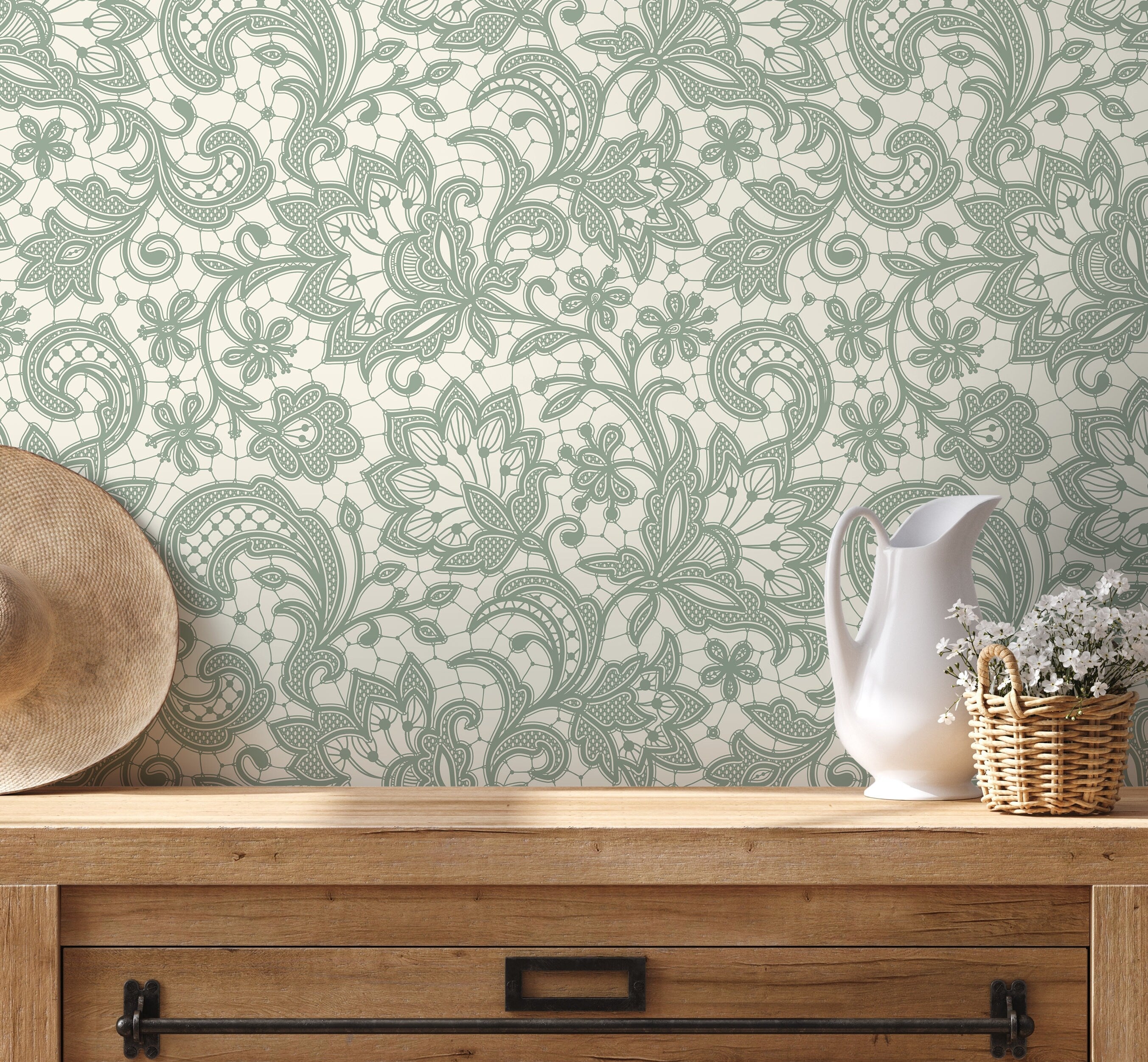 Lace Wallpaper With An Intricate Floral Motif In Mint Green And Cream - D213