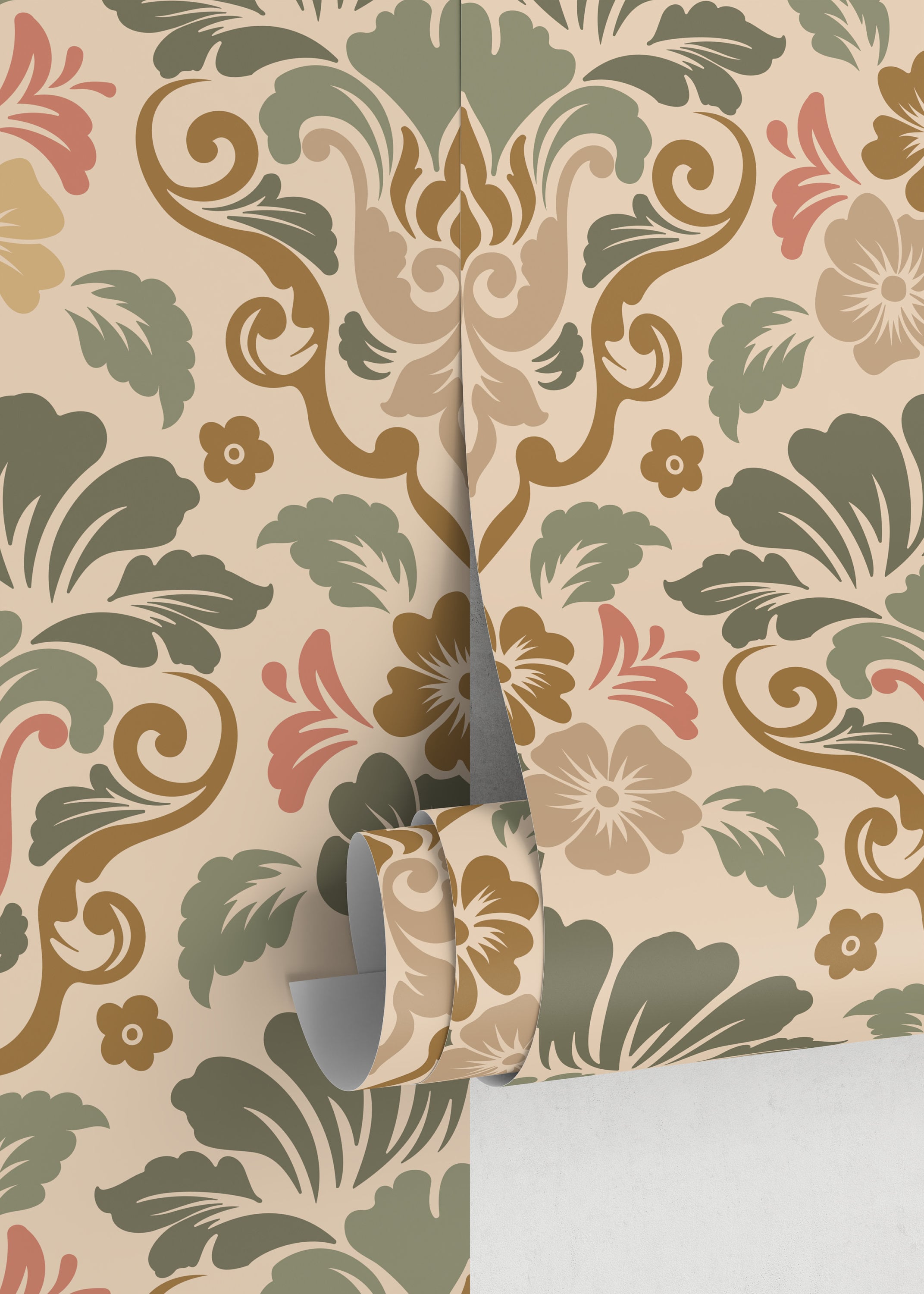 Damask Wallpaper With A Scrolling Floral Motif In Sage, Rose, And Gold - D214