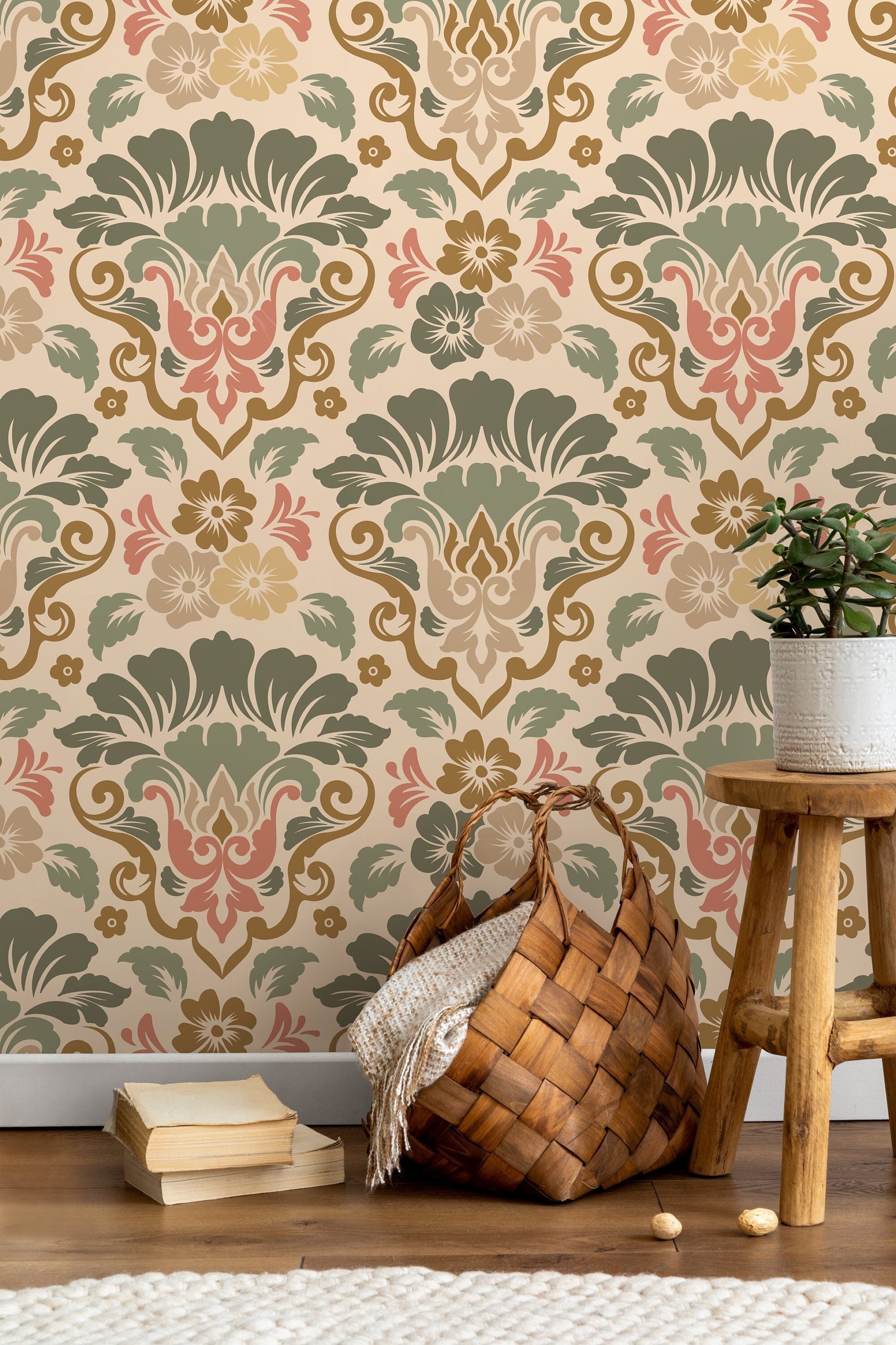 Damask Wallpaper With A Scrolling Floral Motif In Sage, Rose, And Gold - D214