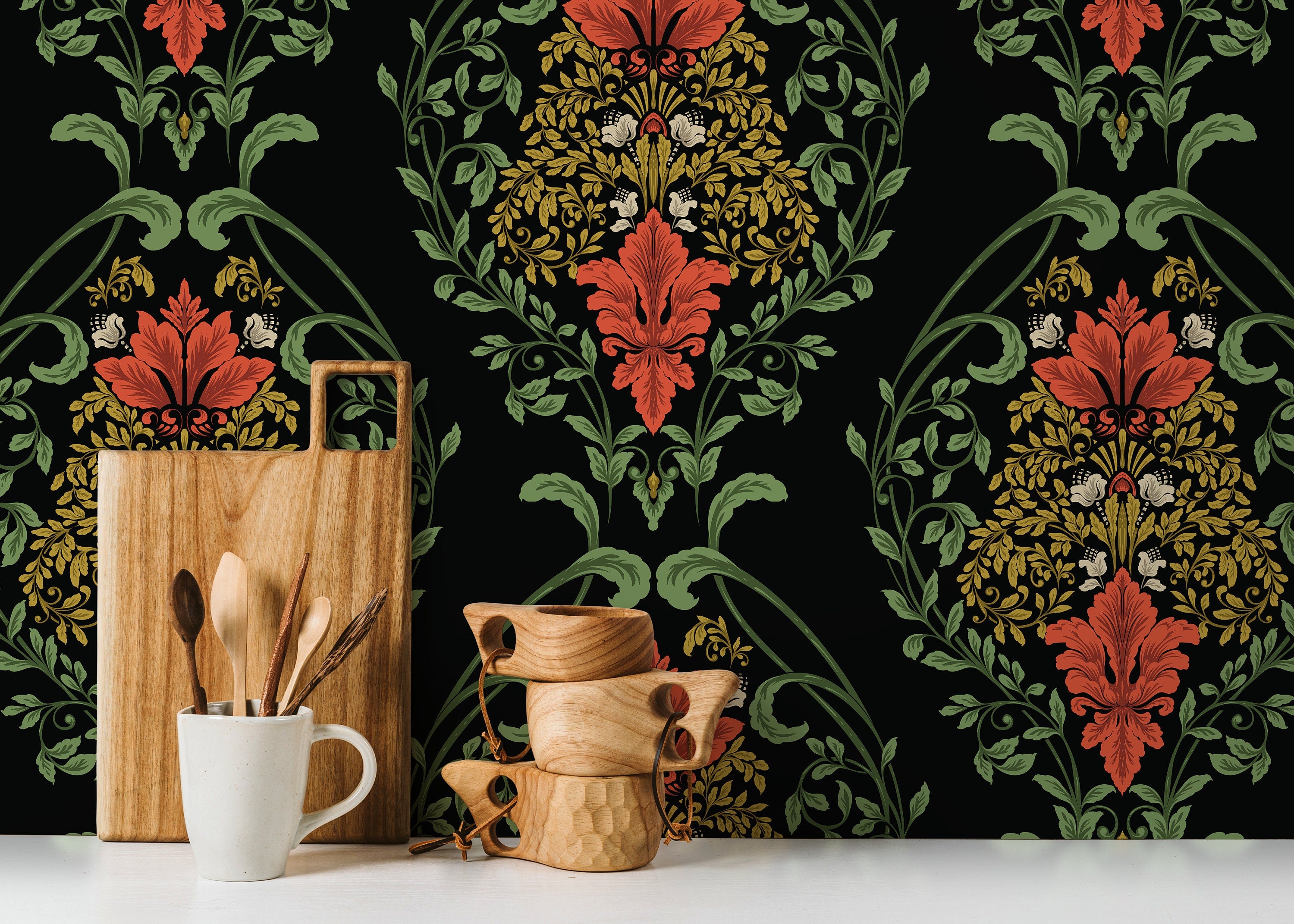 Victorian Floral Wallpaper With A Damask Motif In Red, Green, And Gold - D218