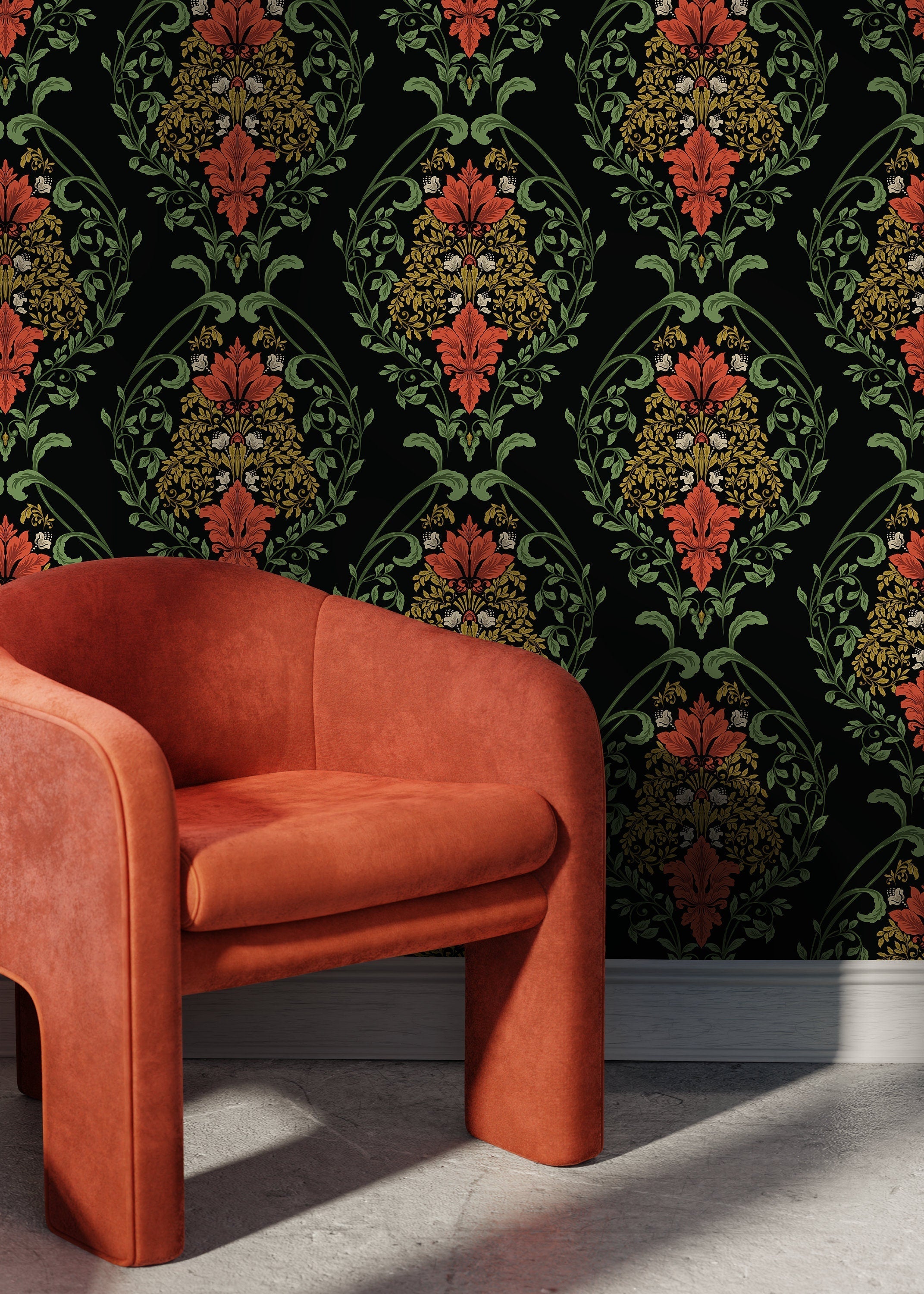 Victorian Floral Wallpaper With A Damask Motif In Red, Green, And Gold - D218