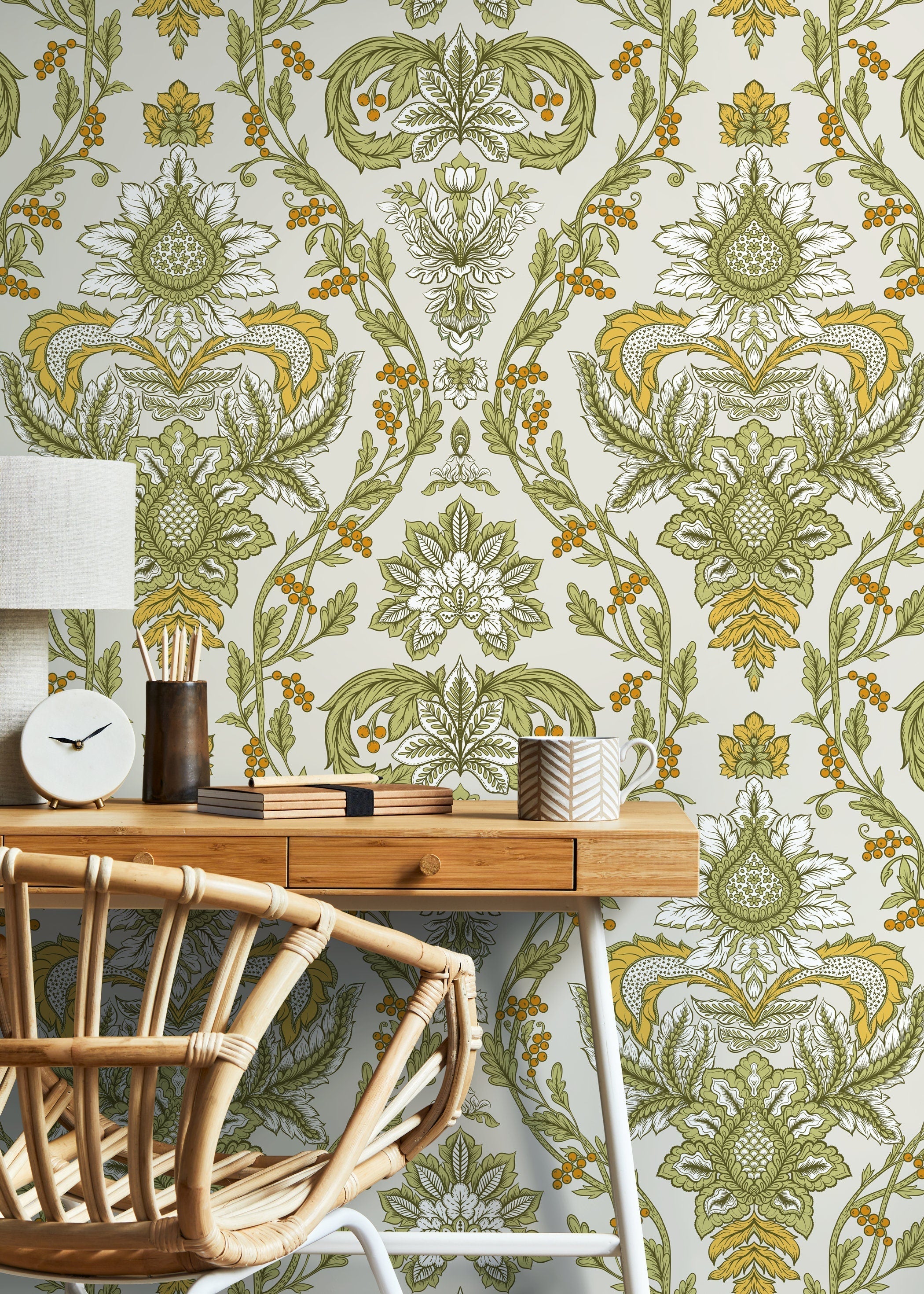 Victorian Wallpaper With A Floral Damask Motif In Green, Yellow, And Orange - D224