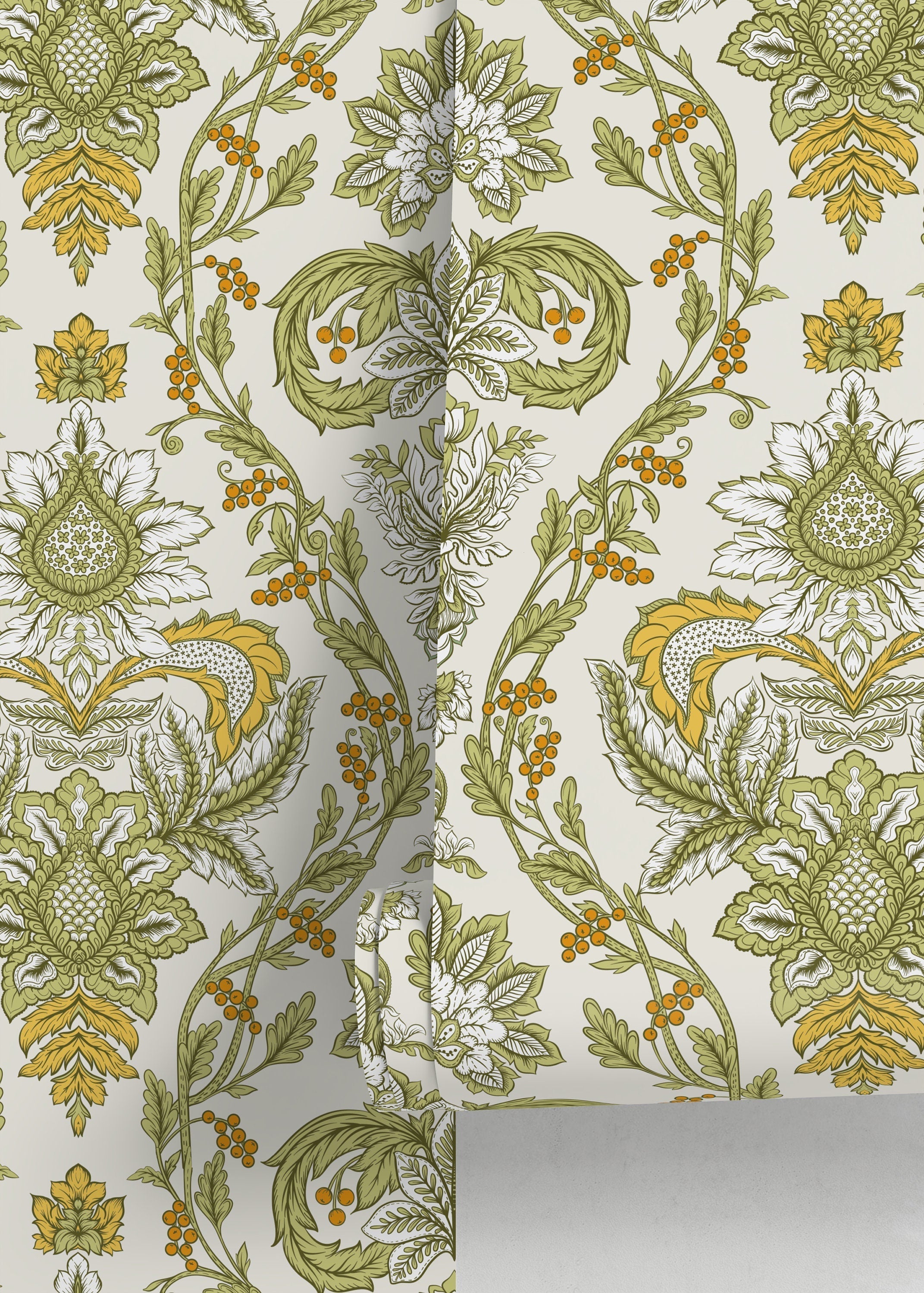 Victorian Wallpaper With A Floral Damask Motif In Green, Yellow, And Orange - D224