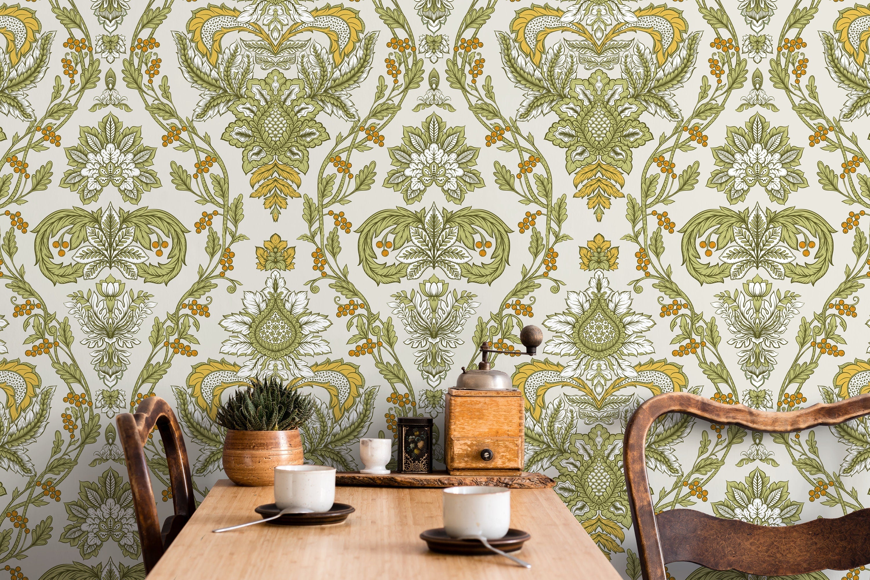Victorian Wallpaper With A Floral Damask Motif In Green, Yellow, And Orange - D224