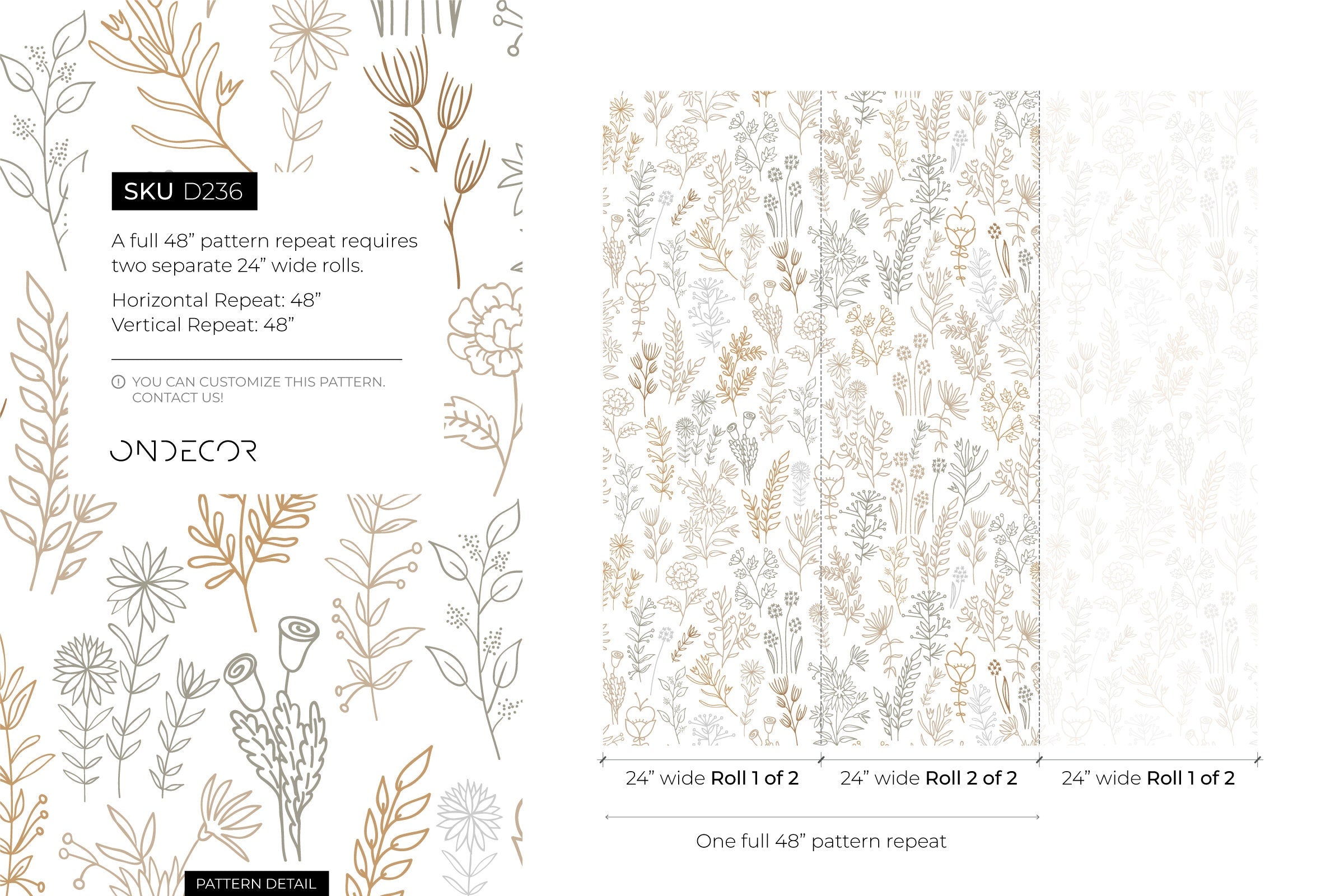 Botanical Wallpaper With Minimalist Wildflowers In Brown, Green, And Beige - D236