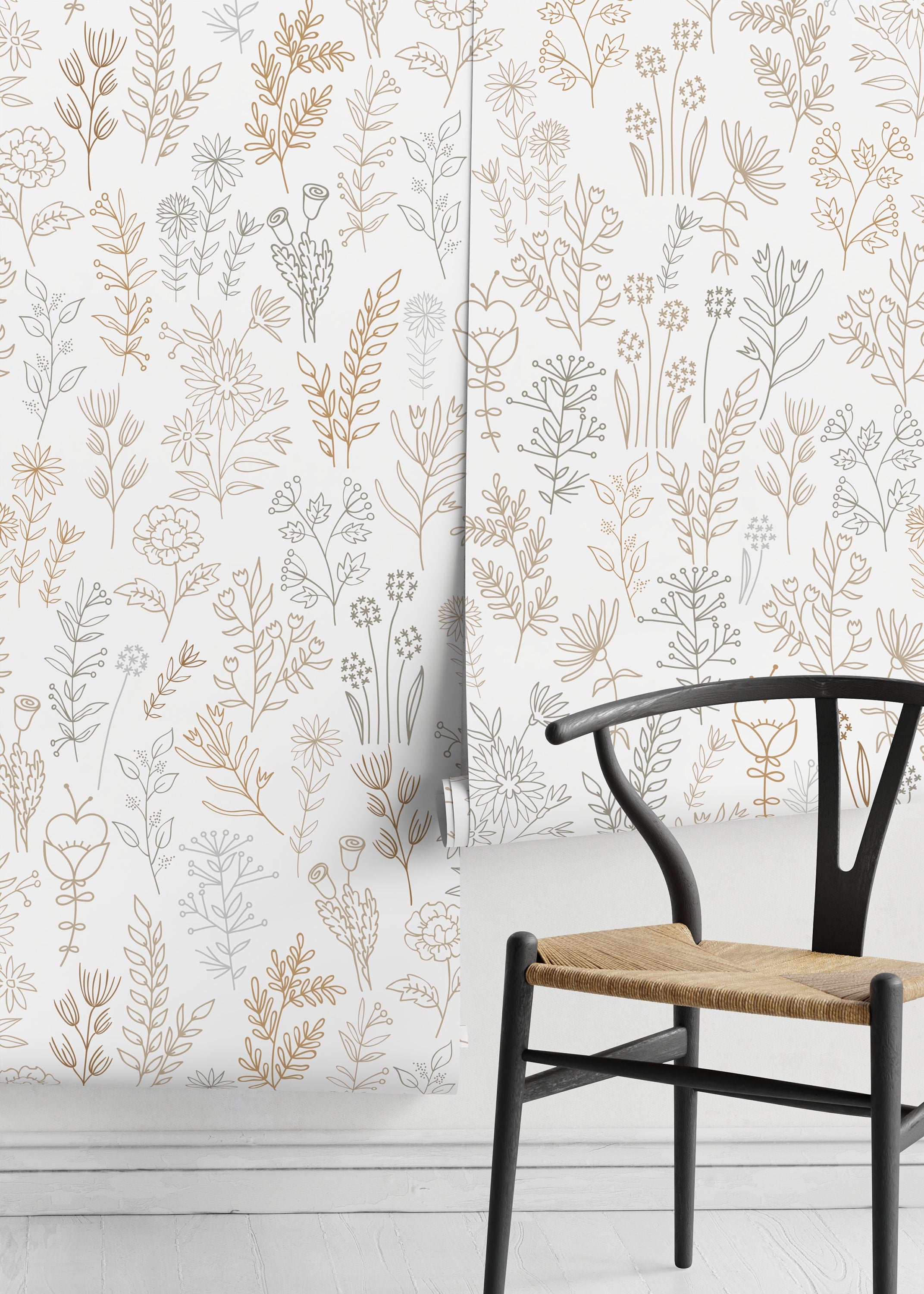 Botanical Wallpaper With Minimalist Wildflowers In Brown, Green, And Beige - D236