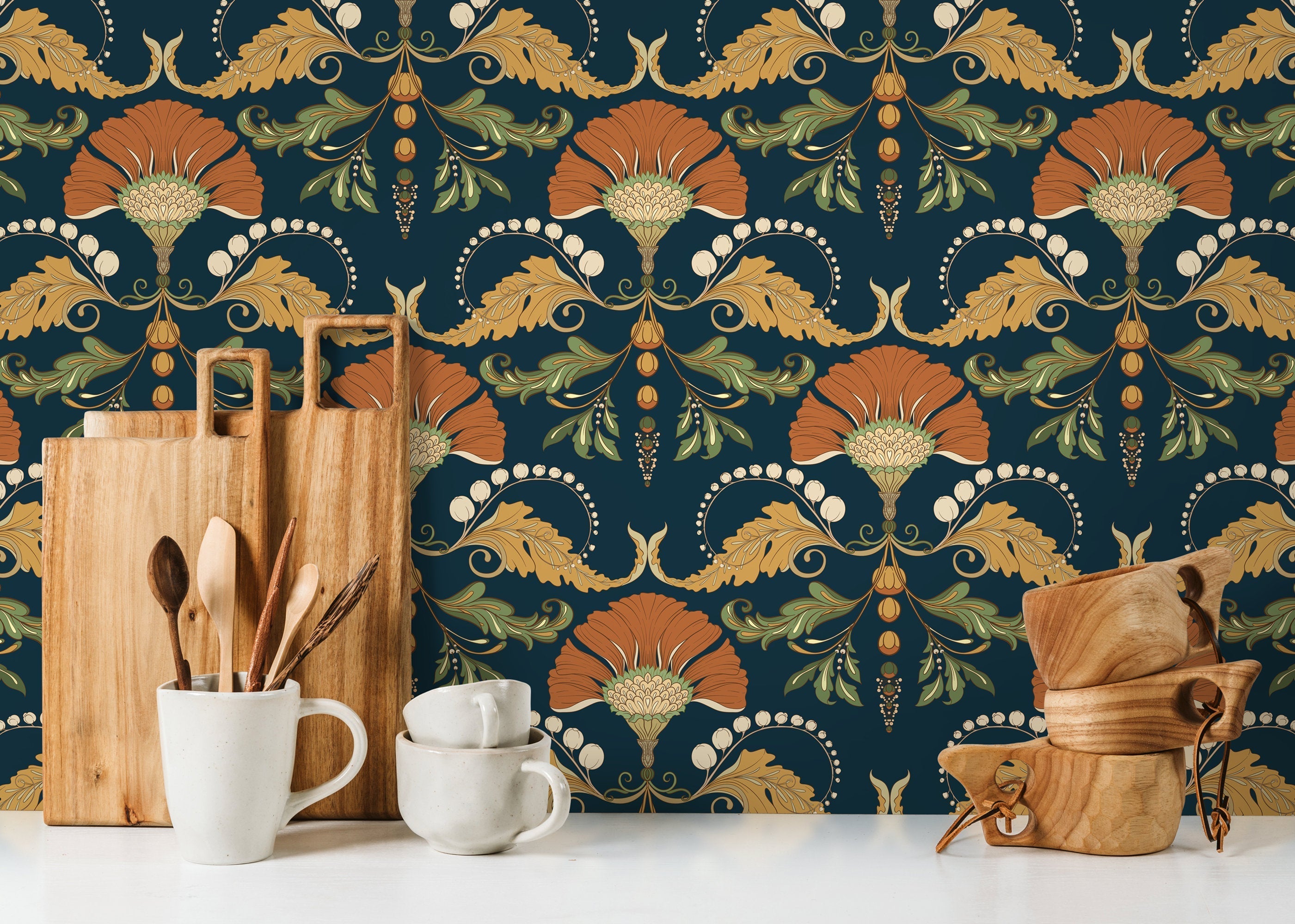 Art Nouveau Wallpaper With A Stylized Floral Motif In Orange, Gold, And Green - D239