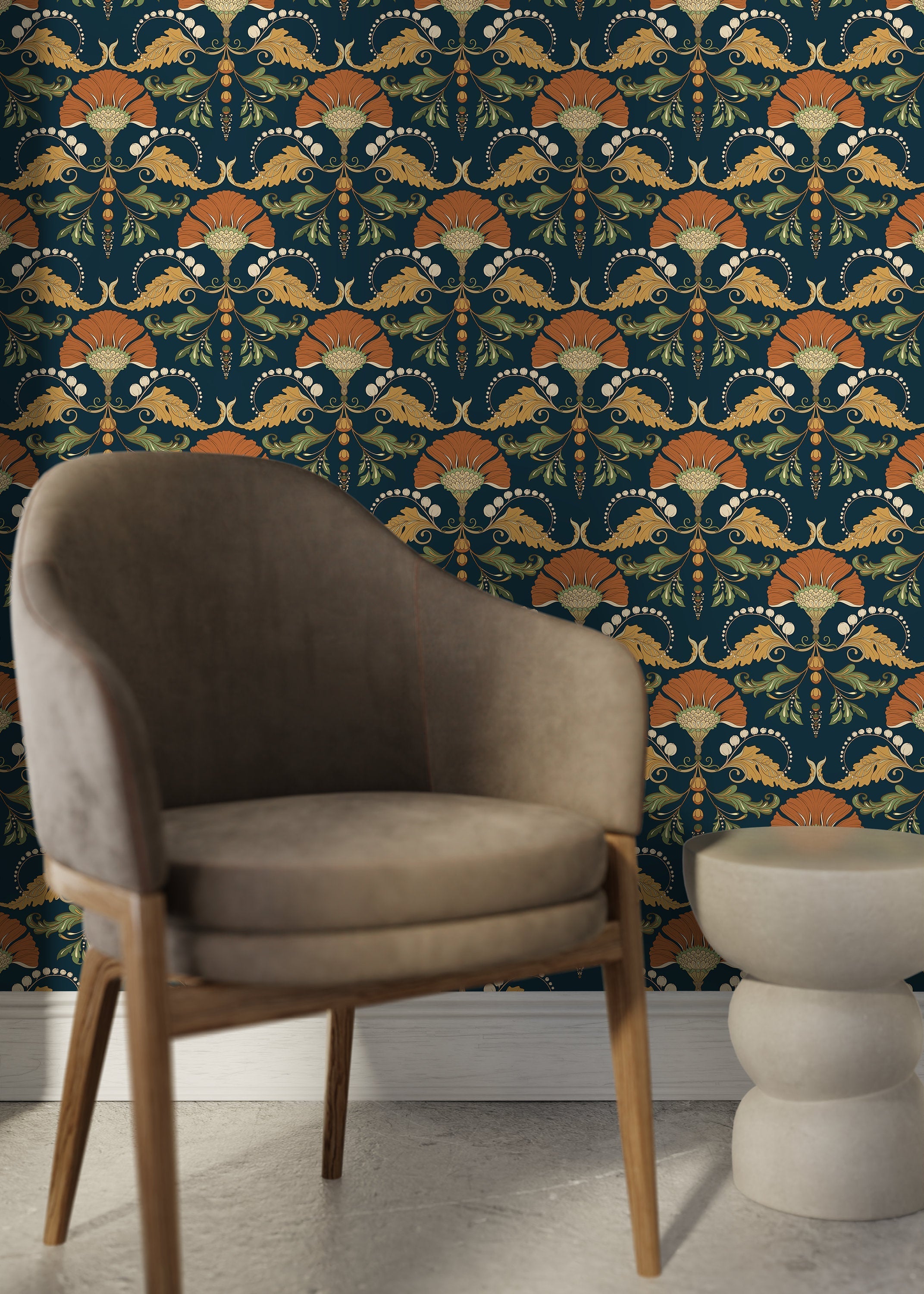 Art Nouveau Wallpaper With A Stylized Floral Motif In Orange, Gold, And Green - D239