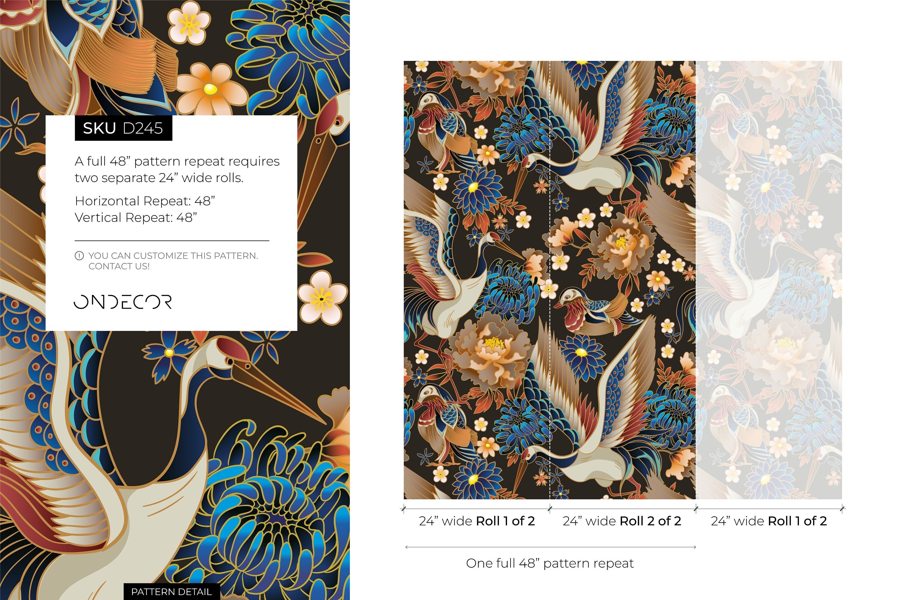 Chinoiserie Wallpaper Featuring Elegant Cranes And Florals In Blue, Gold, And Red - D245