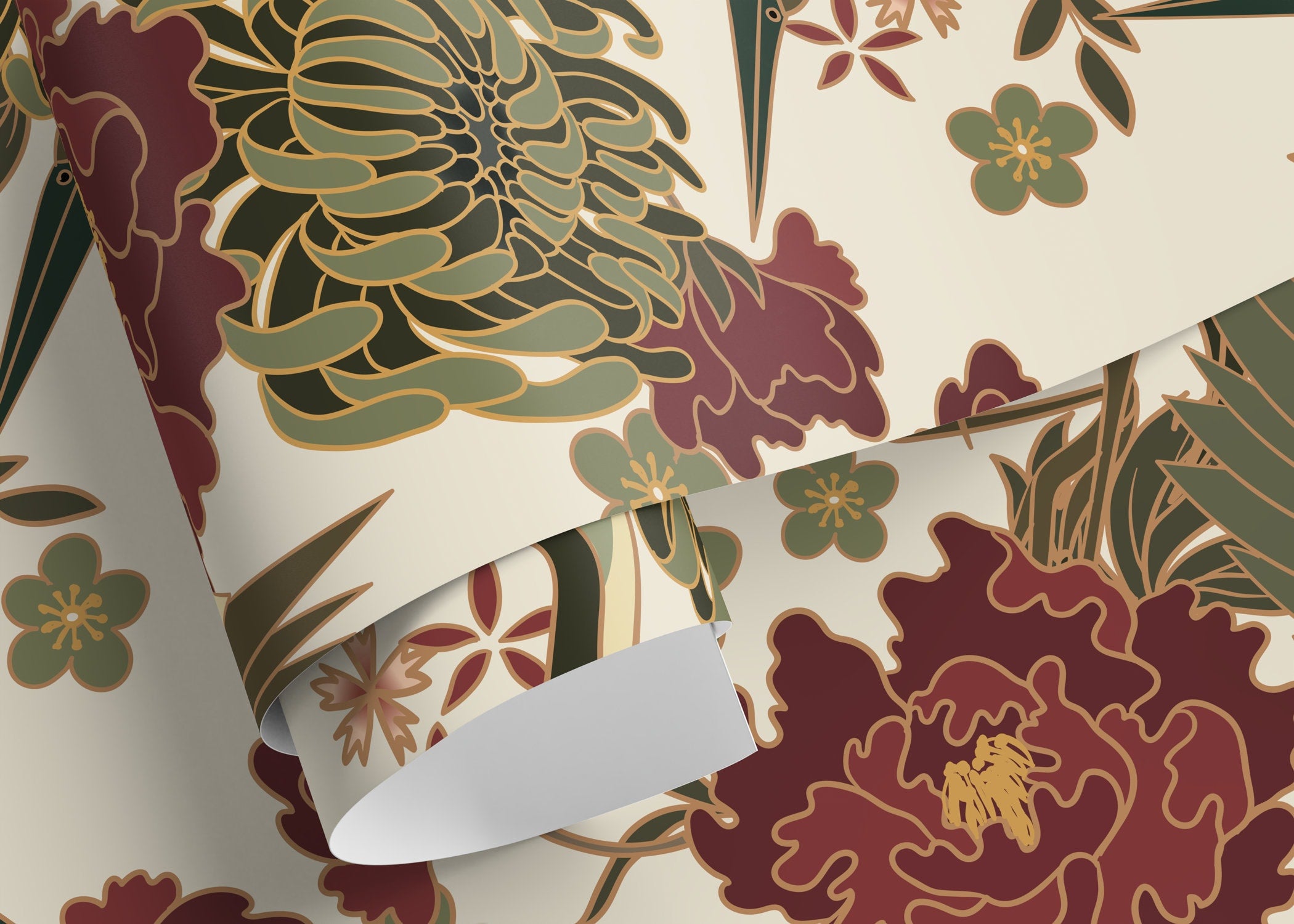 Chinoiserie Wallpaper With Cranes And Florals In Red, Green, And Beige - D247