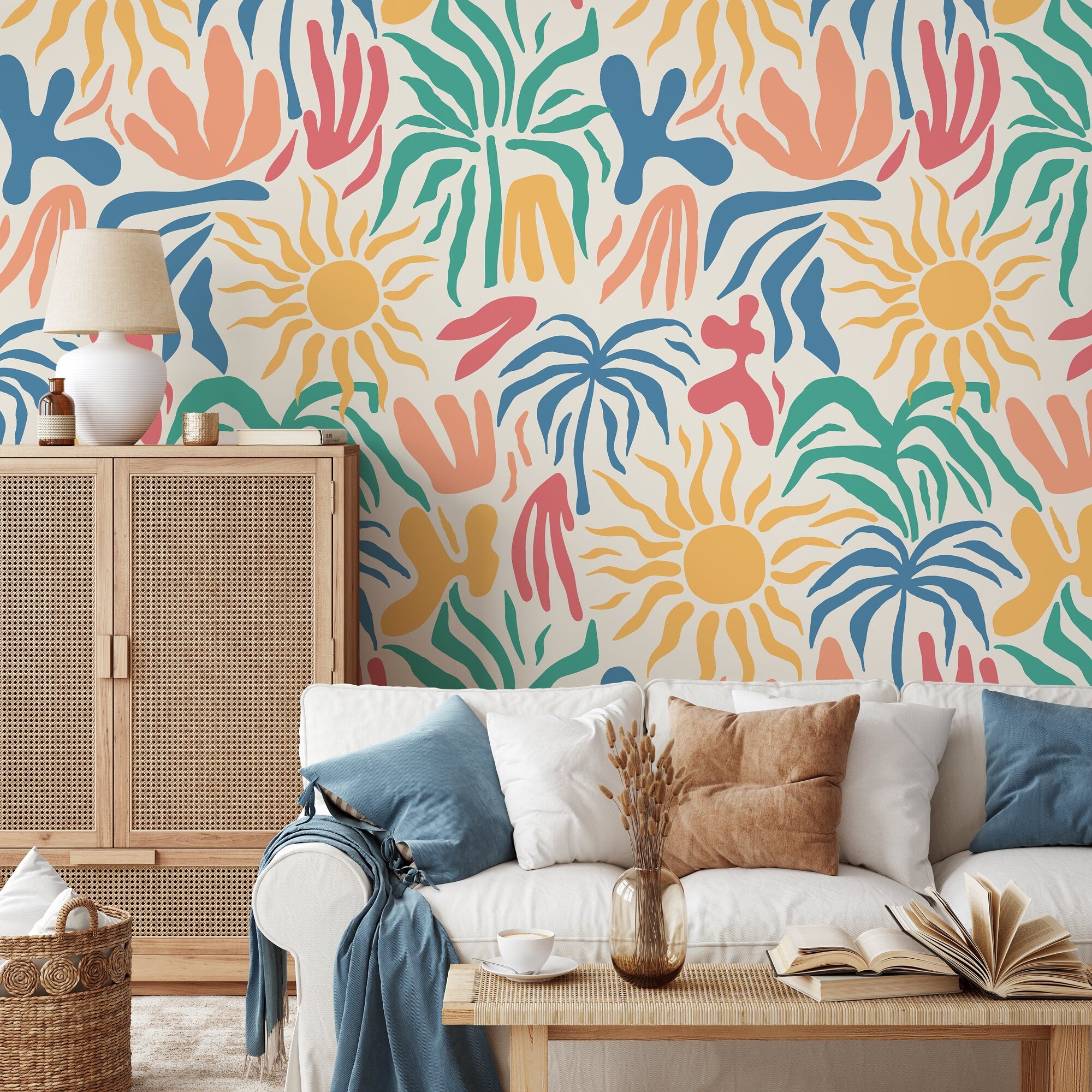 Tropical Wallpaper With Matisse Inspired Shapes In Blue, Yellow, And Teal - D248
