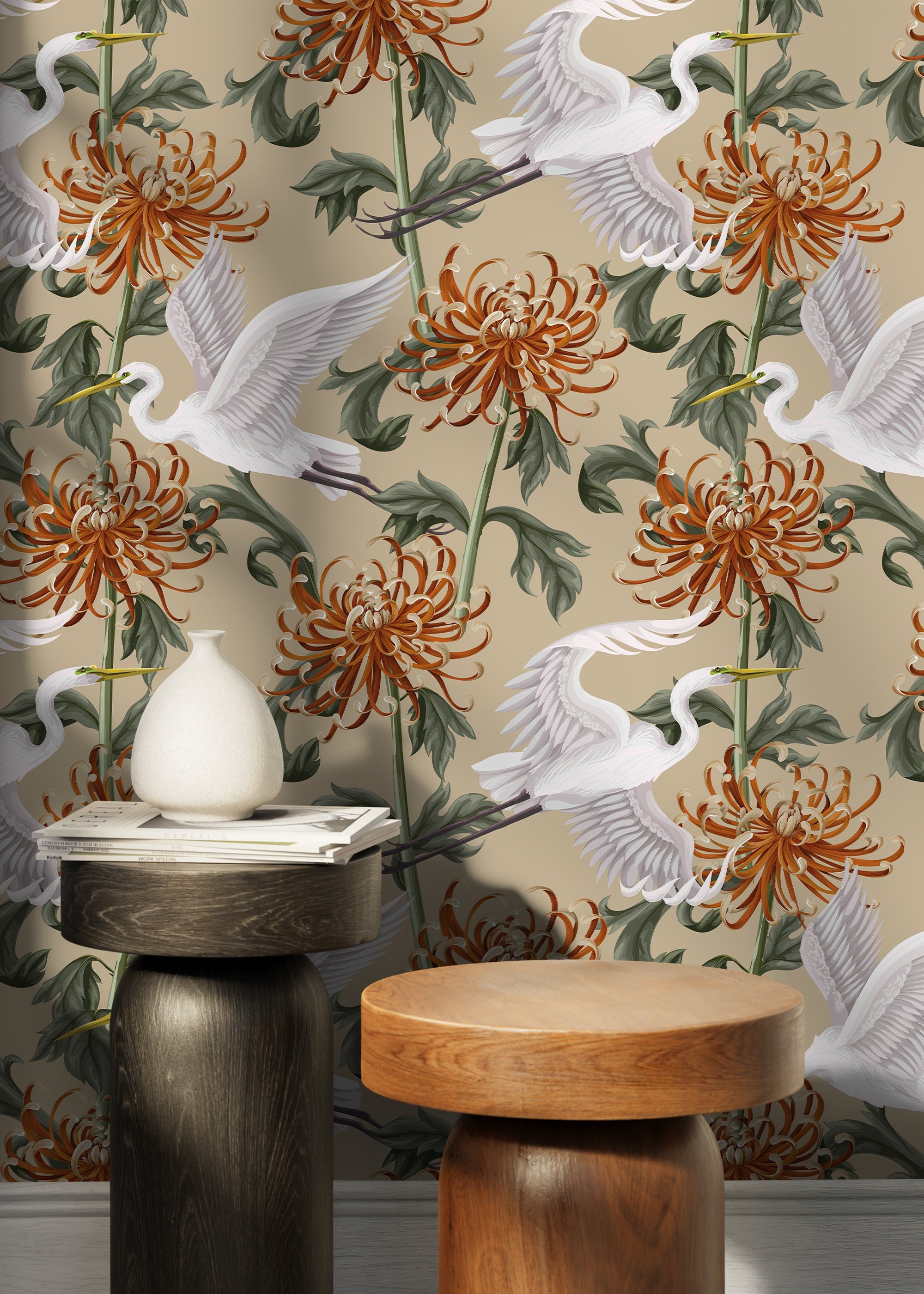 Chinoiserie Wallpaper With Cranes And Flowers In Orange, Green, And Beige - D263