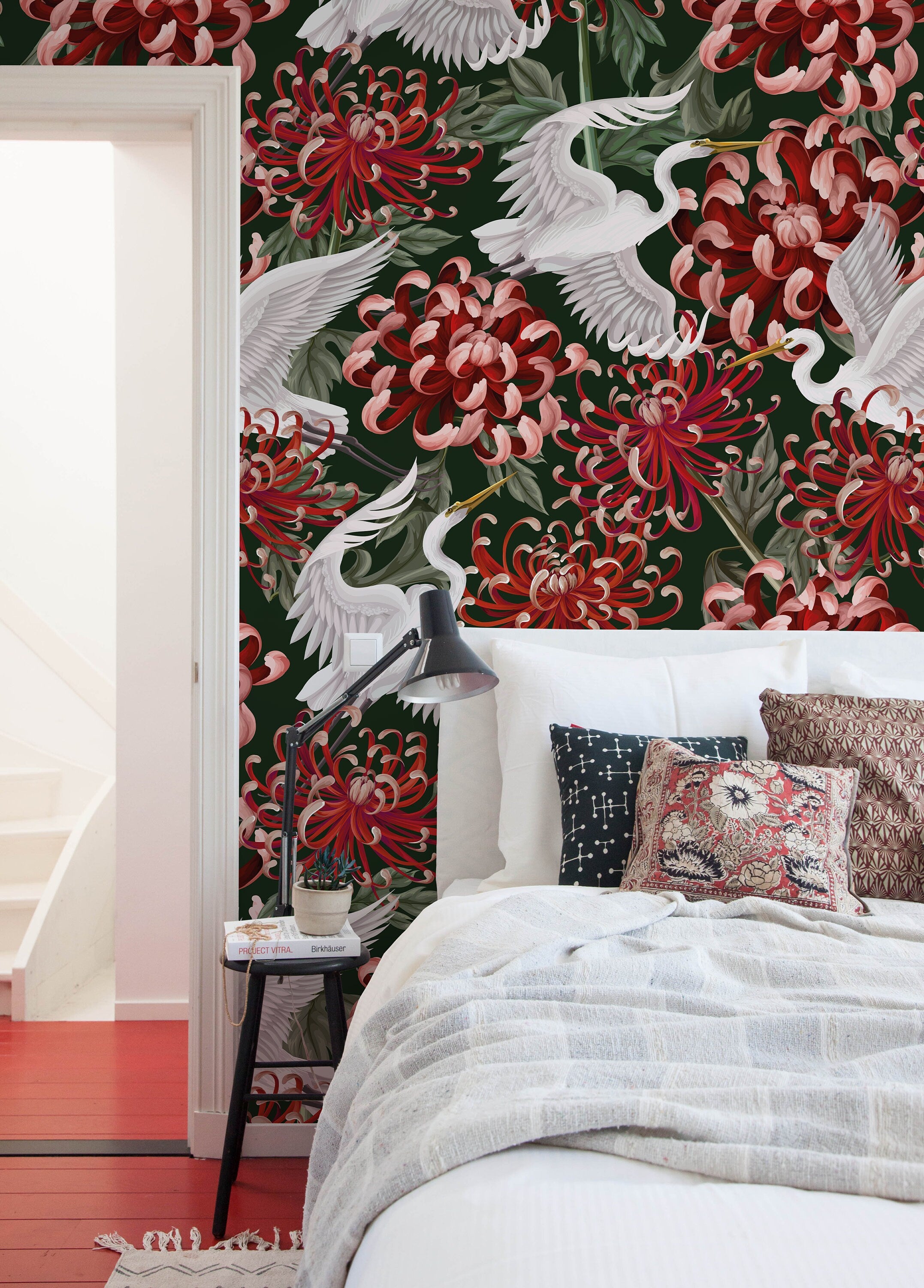 Chinoiserie Wallpaper Featuring Cranes And Flowers In Red And Green - D264