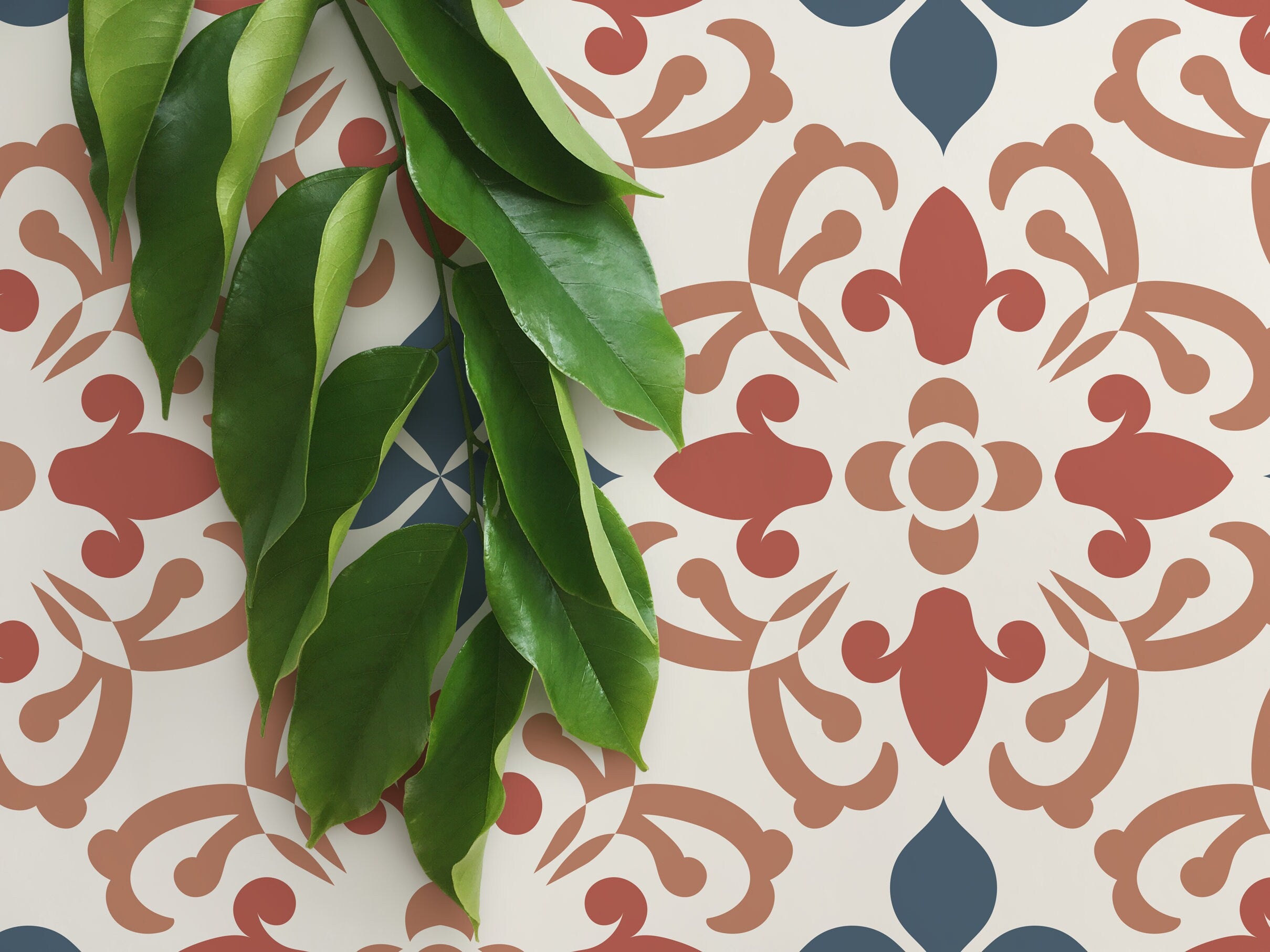 Tile Wallpaper With A Mediterranean Motif In Terracotta, Blue, And Tan - D181