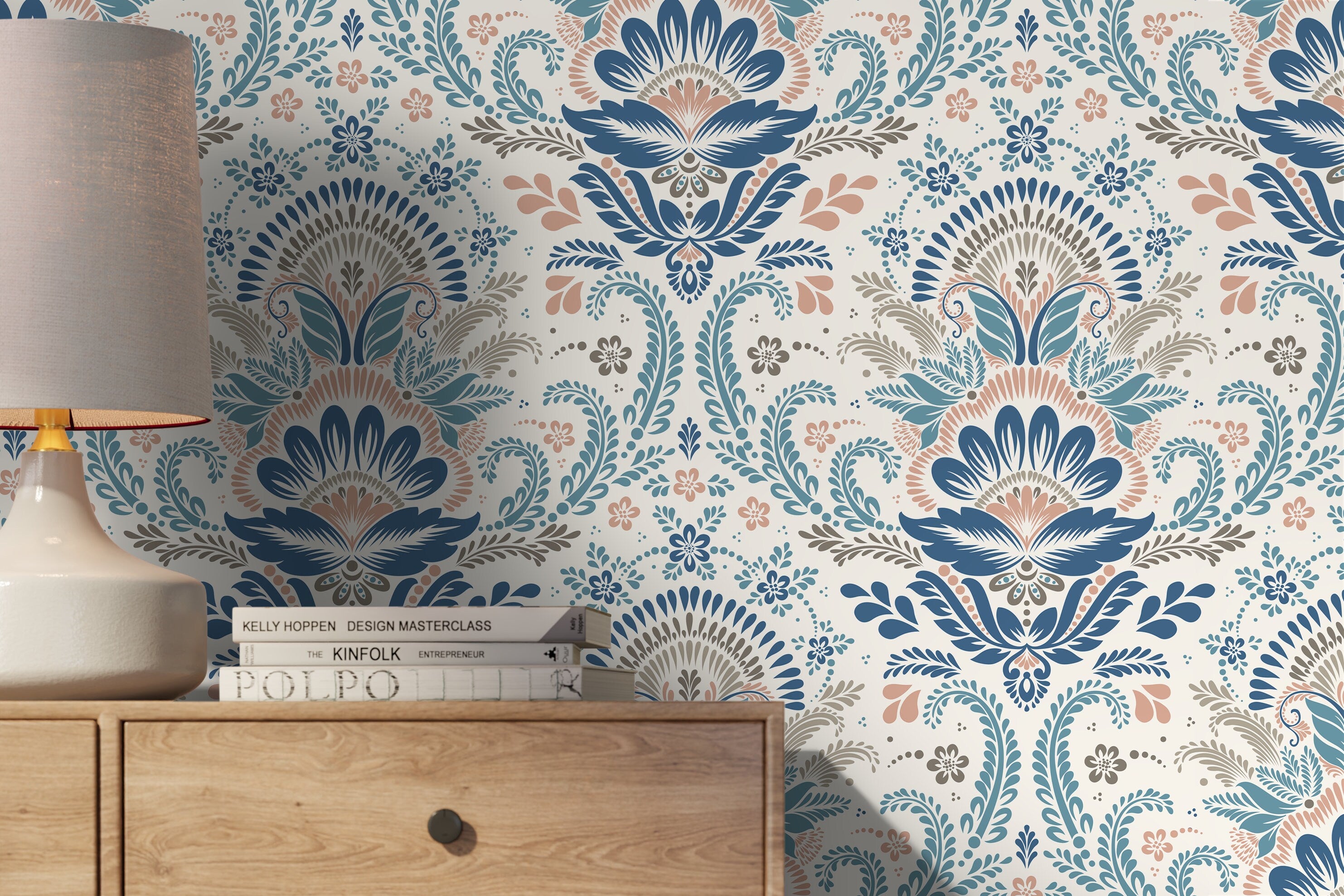 Damask Wallpaper With A Floral Folk Motif In Blue, Pink, And Taupe - D185