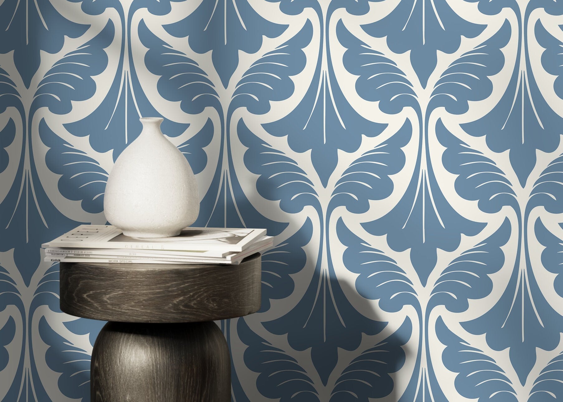 Damask Wallpaper With A Stylized Leaf Motif In Light Blue - D189