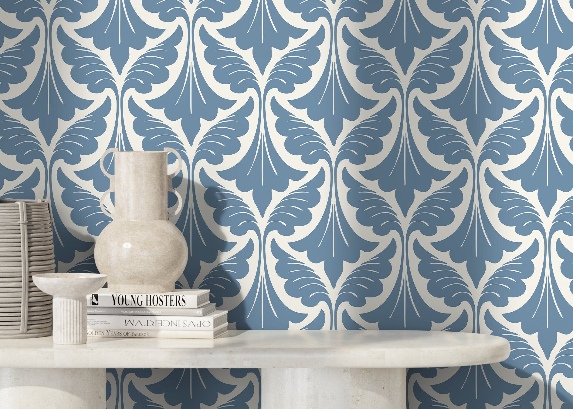 Damask Wallpaper With A Stylized Leaf Motif In Light Blue - D189