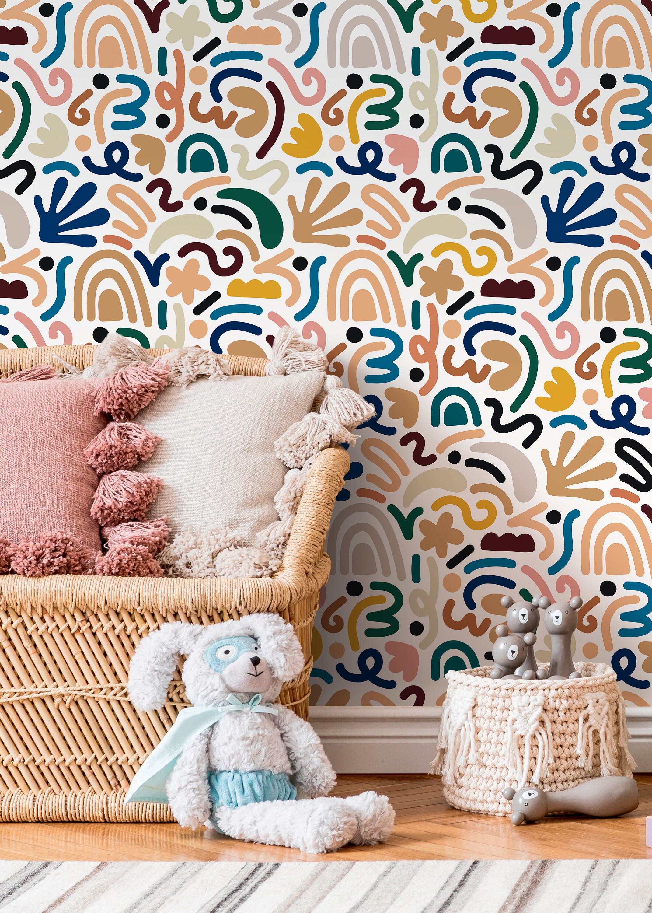 Abstract Wallpaper With Colorful Organic Shapes In Blue, Green, And Yellow - D193