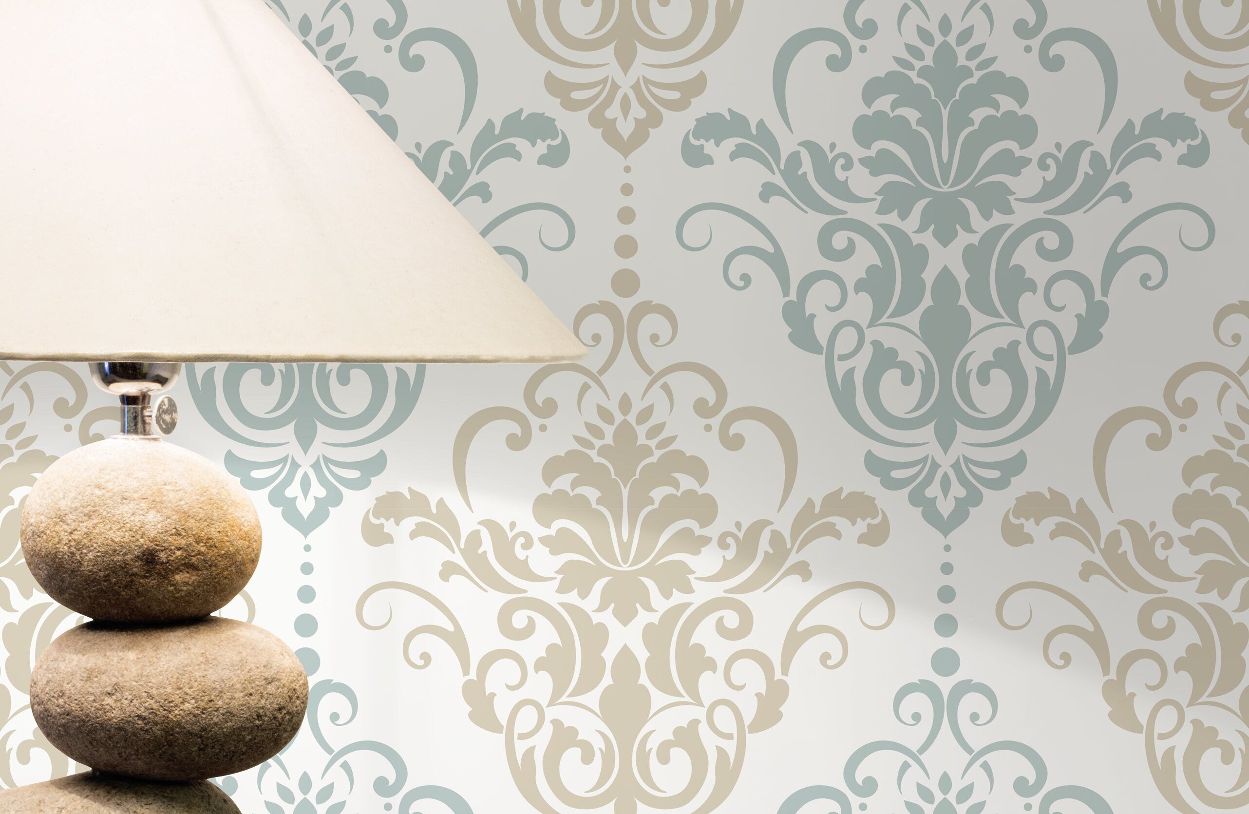 Damask Wallpaper With An Elegant Scroll Motif In Light Blue And Beige - D194