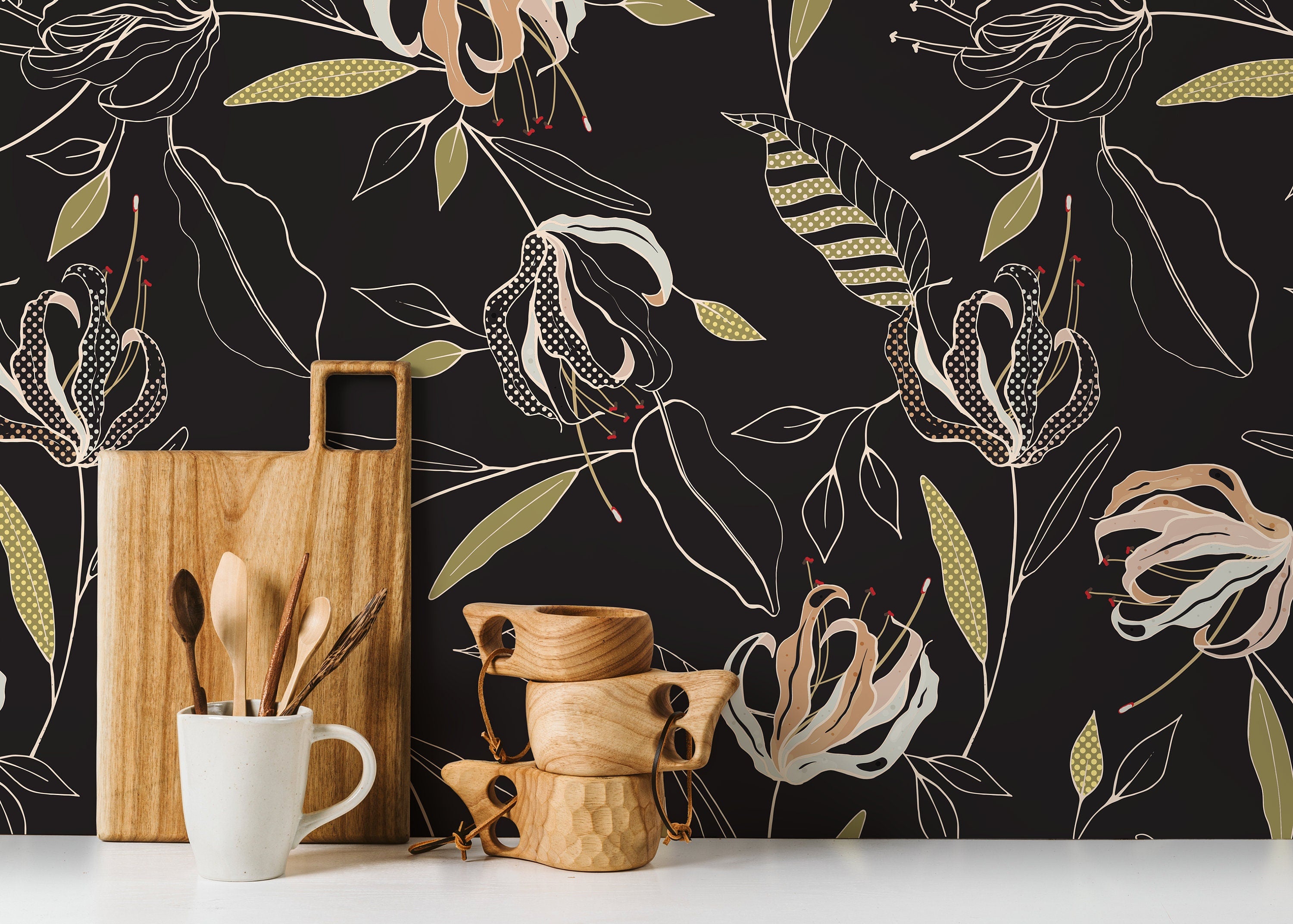 Floral Wallpaper With Stylized Lilies In Black, Pink, And Green - D200