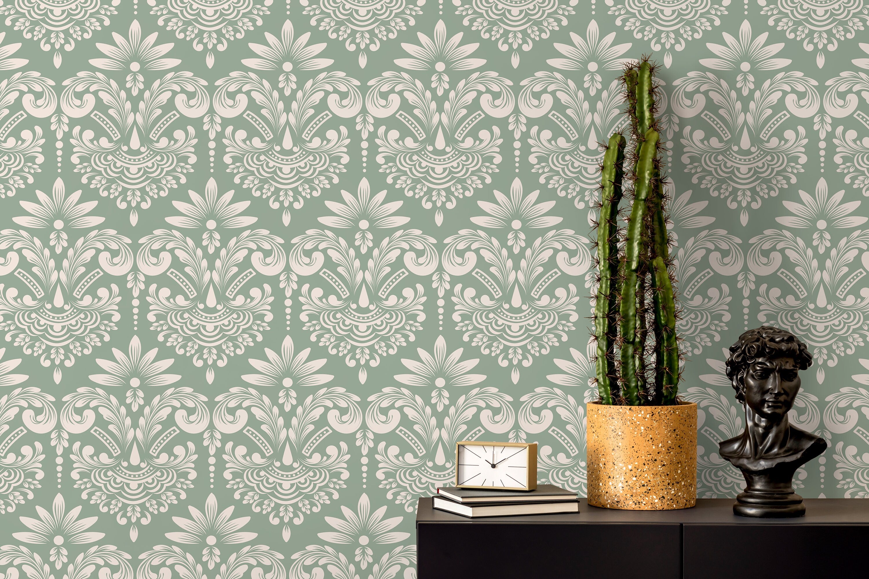 Damask Wallpaper With A Classic Vintage Scroll In Mint Green And Off-white - D251